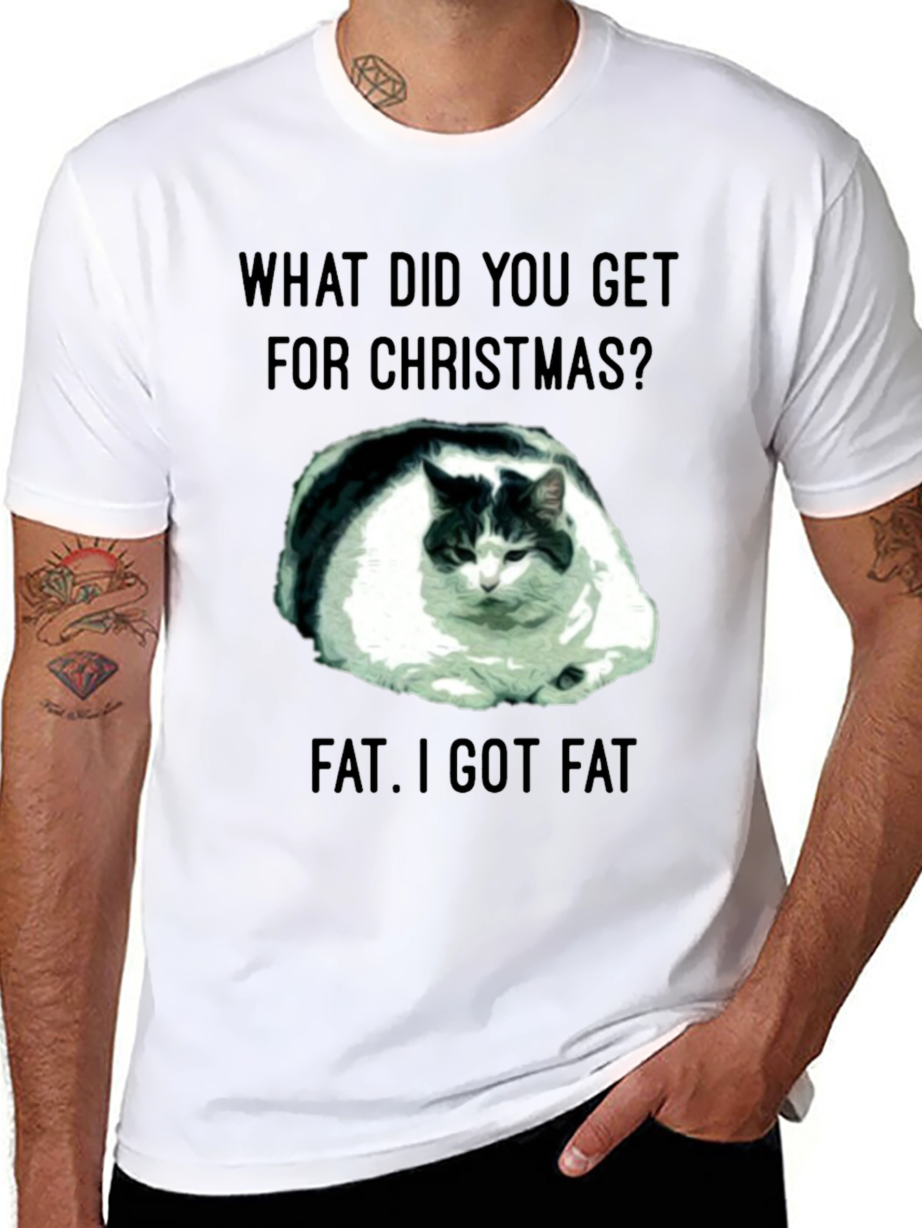 Funny Christmas Fat Cat Black T-Shirt