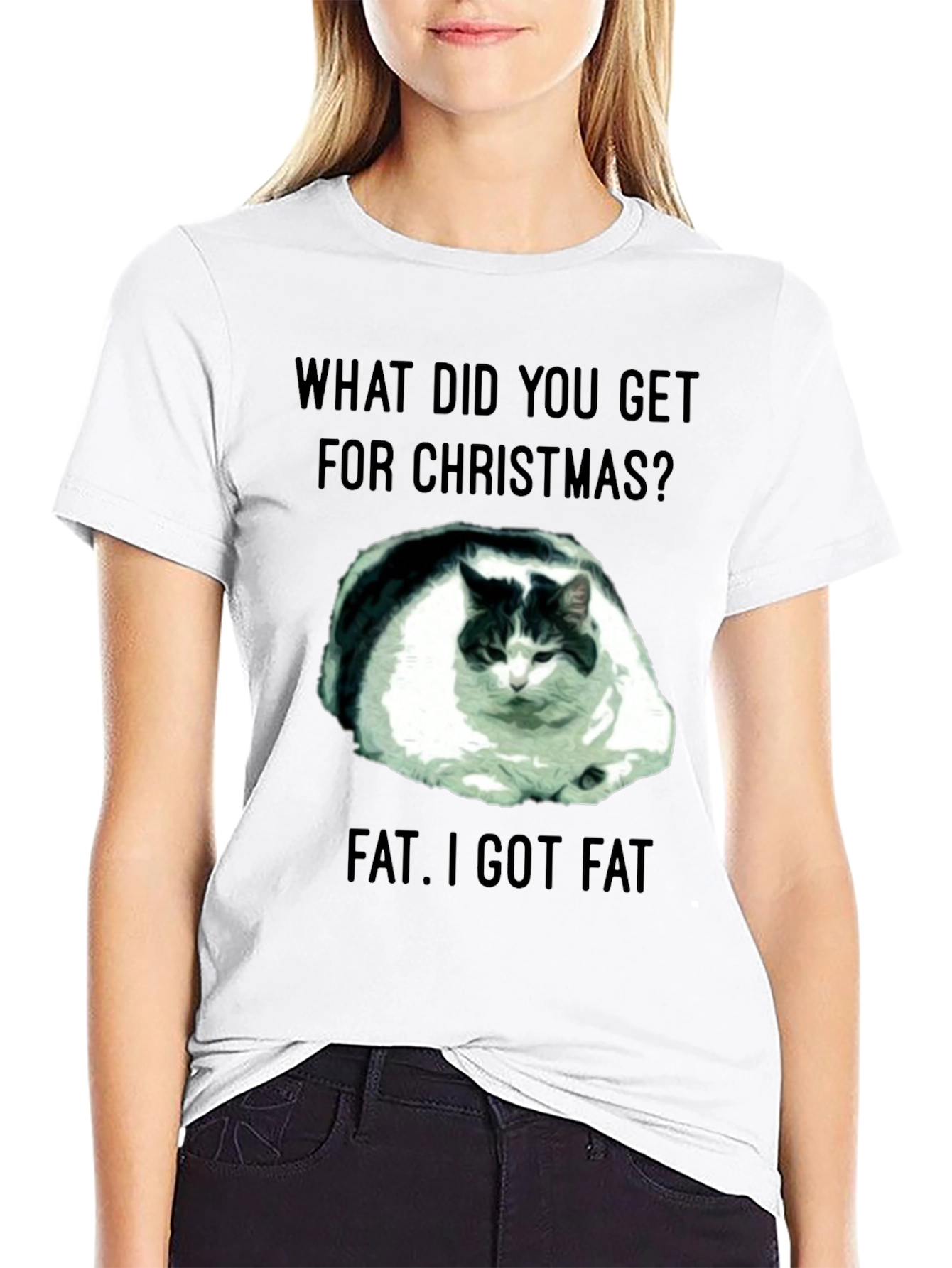 Funny Christmas Fat Cat Black T-Shirt