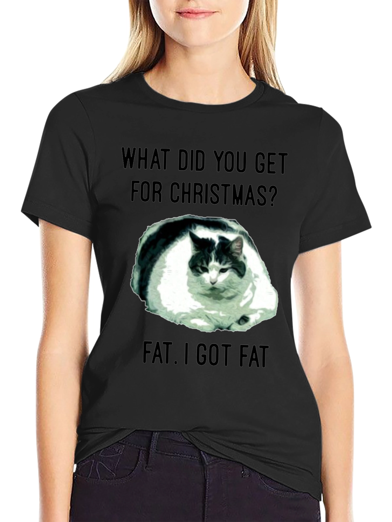Funny Christmas Fat Cat Black T-Shirt