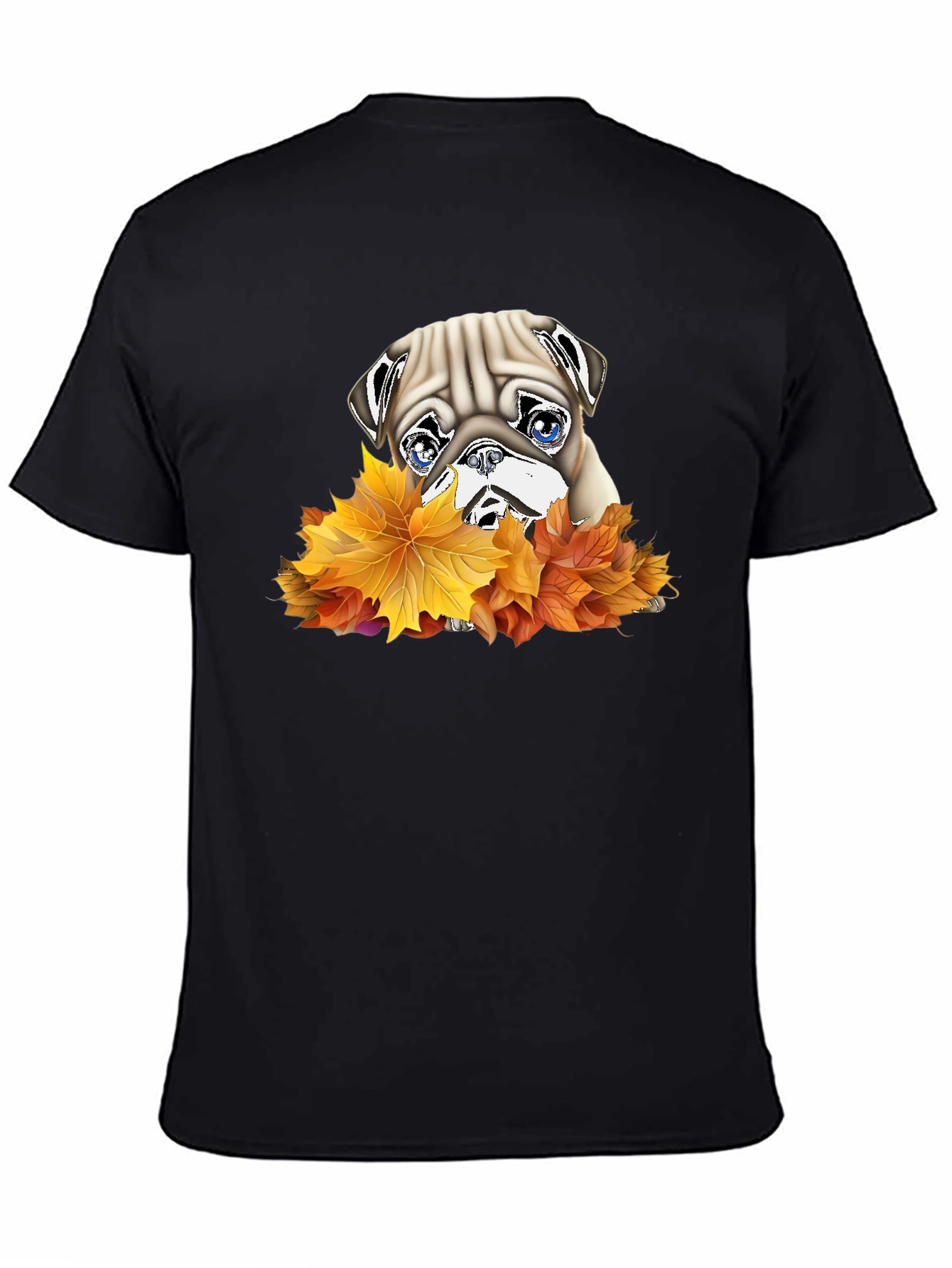 Pug in Leaves Graphic T-Shirt - Black