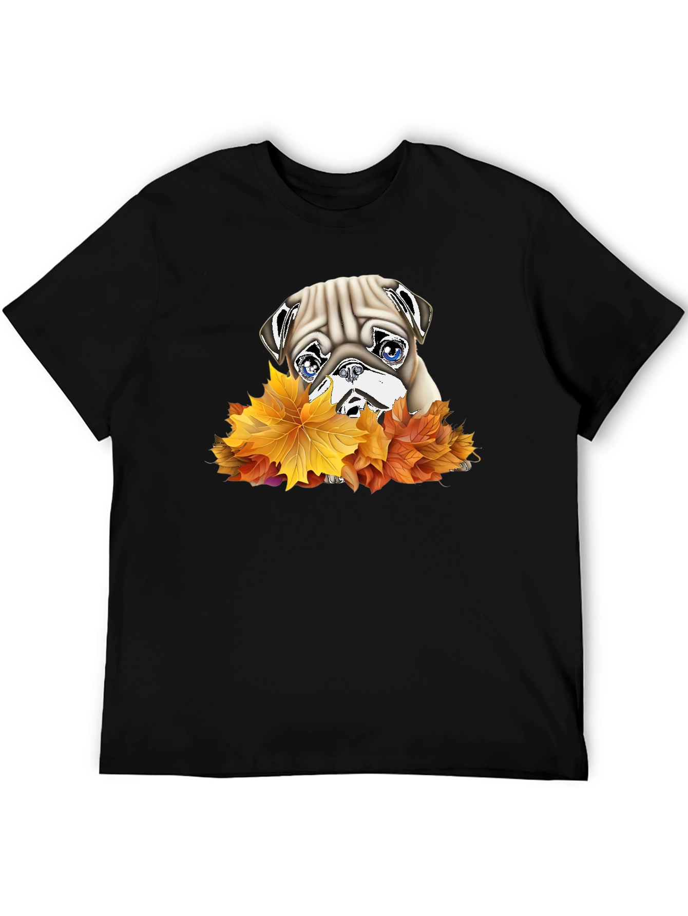 Pug in Leaves Graphic T-Shirt - Black