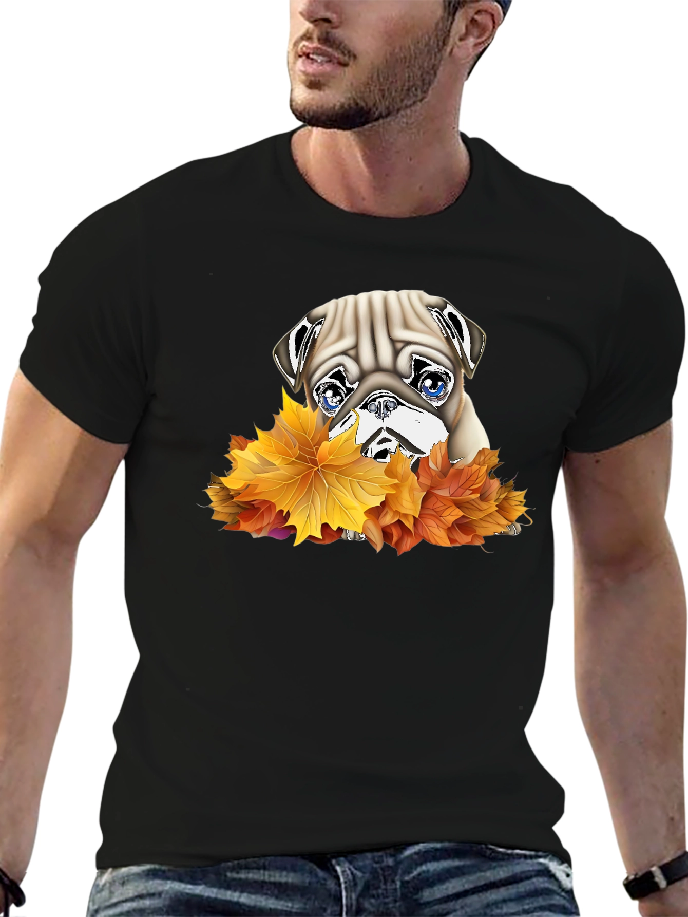 Pug in Leaves Graphic T-Shirt - Black
