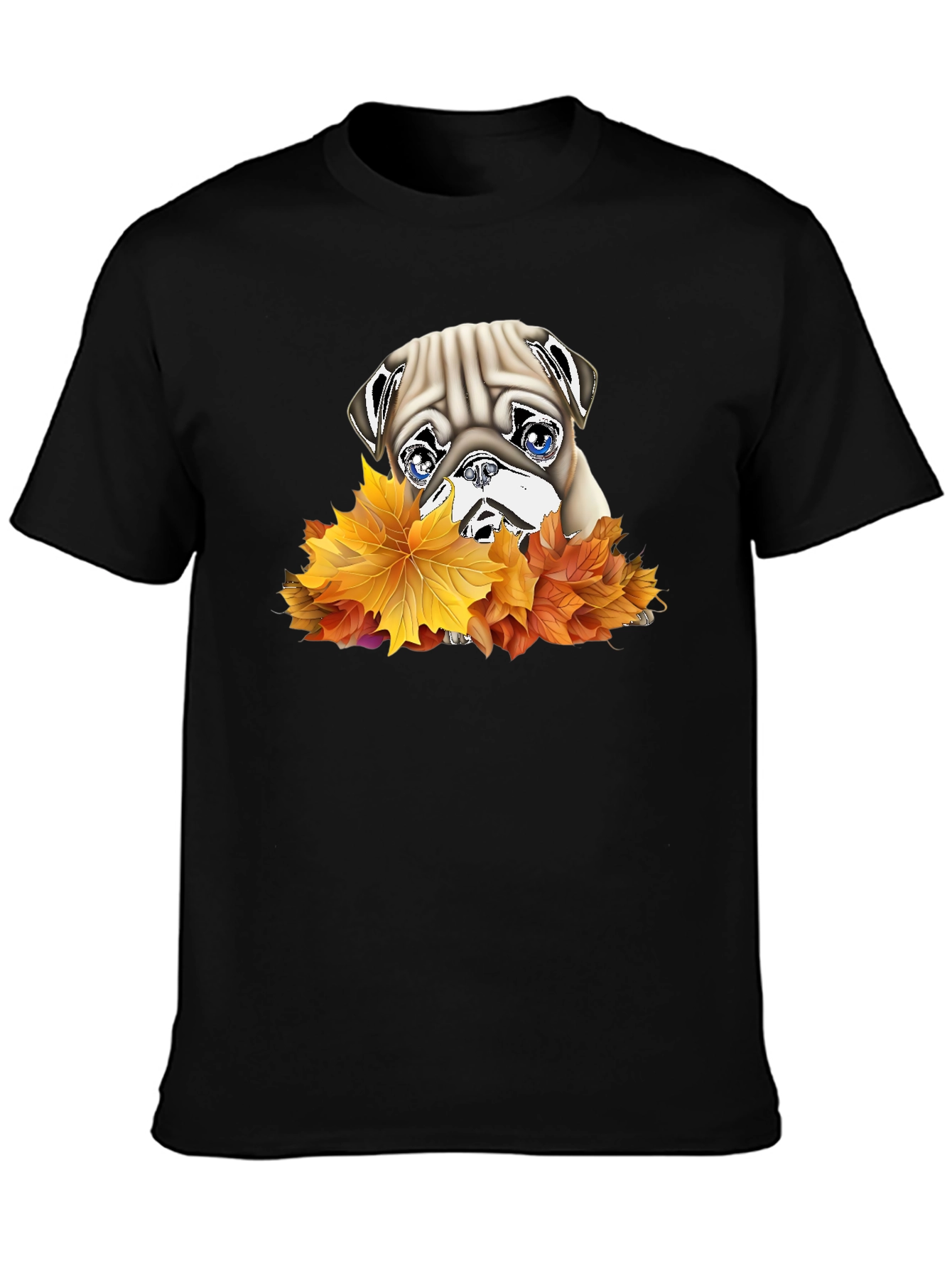 Pug in Leaves Graphic T-Shirt - Black