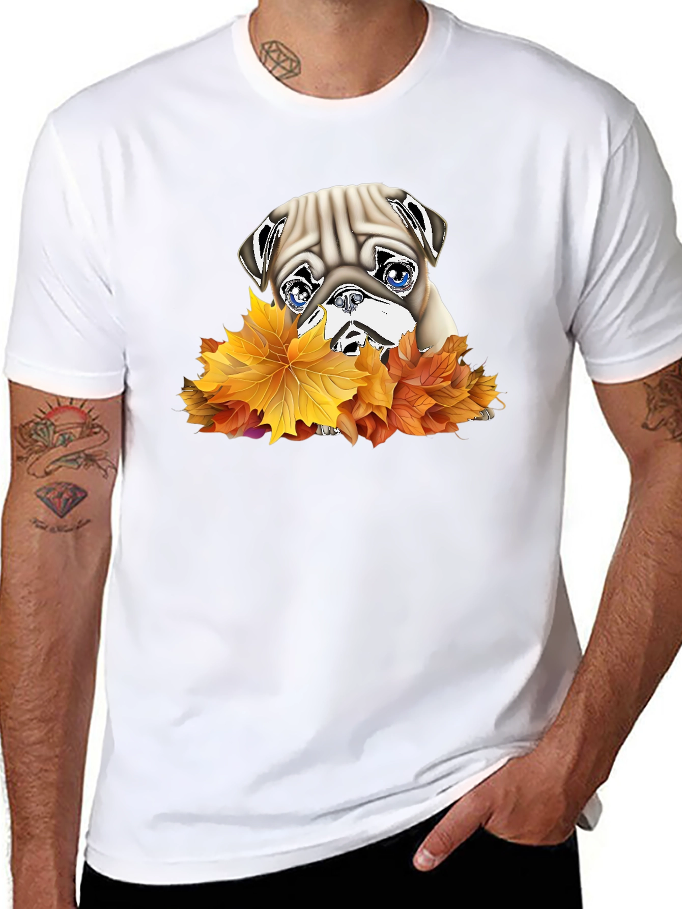 Pug in Leaves Graphic T-Shirt - Black