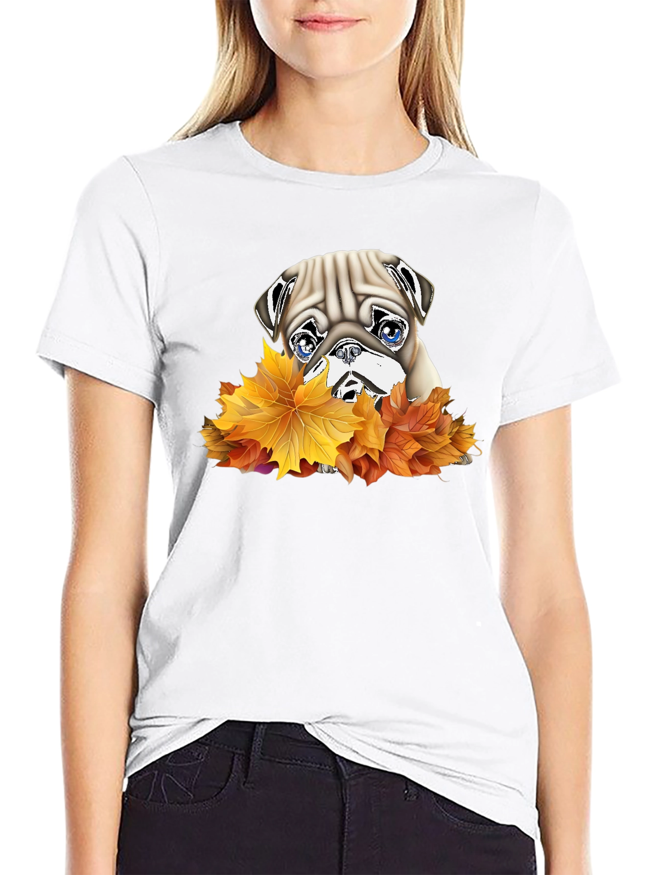 Pug in Leaves Graphic T-Shirt - Black