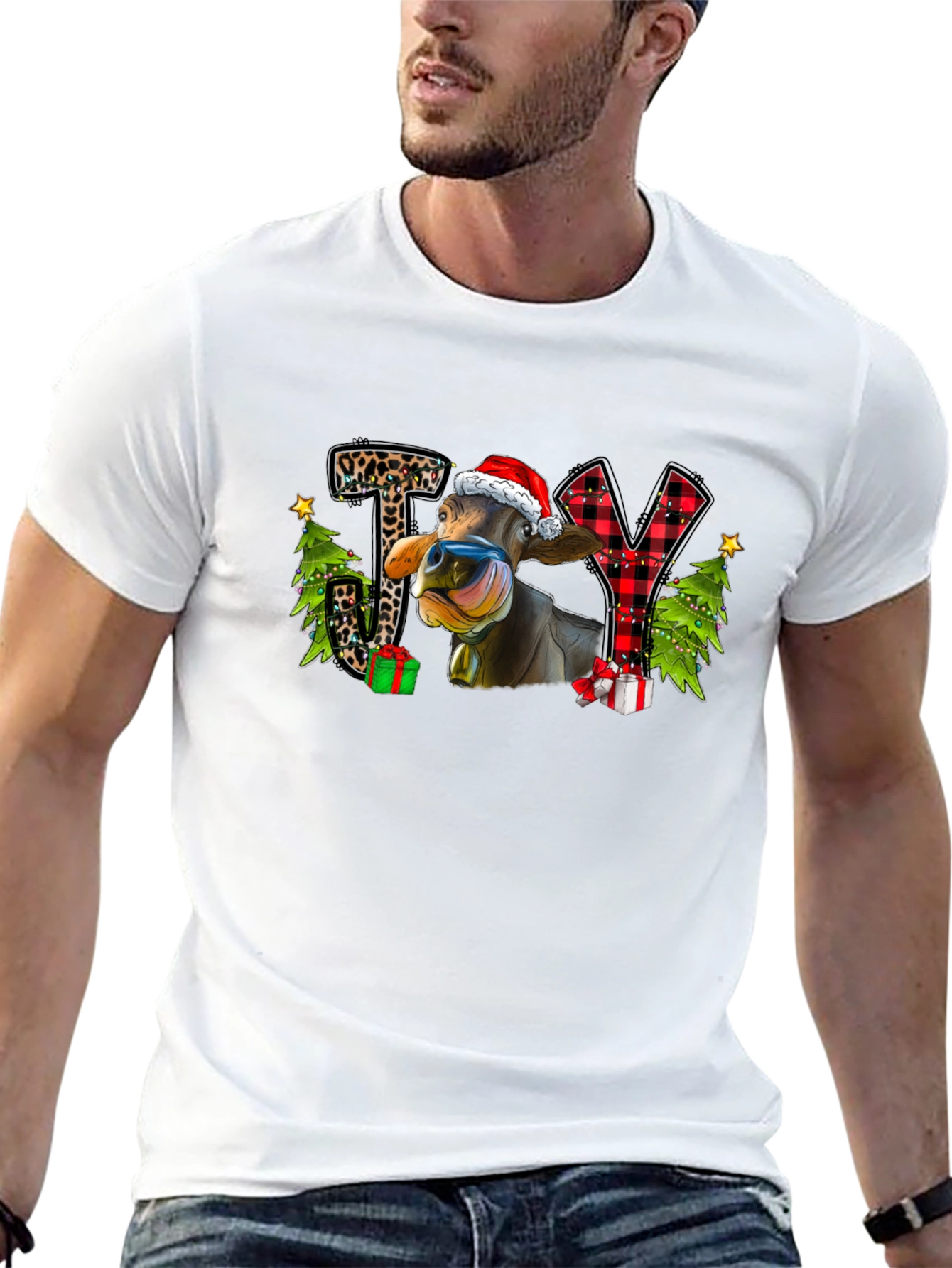 Joy Cow Christmas Graphic T-Shirt