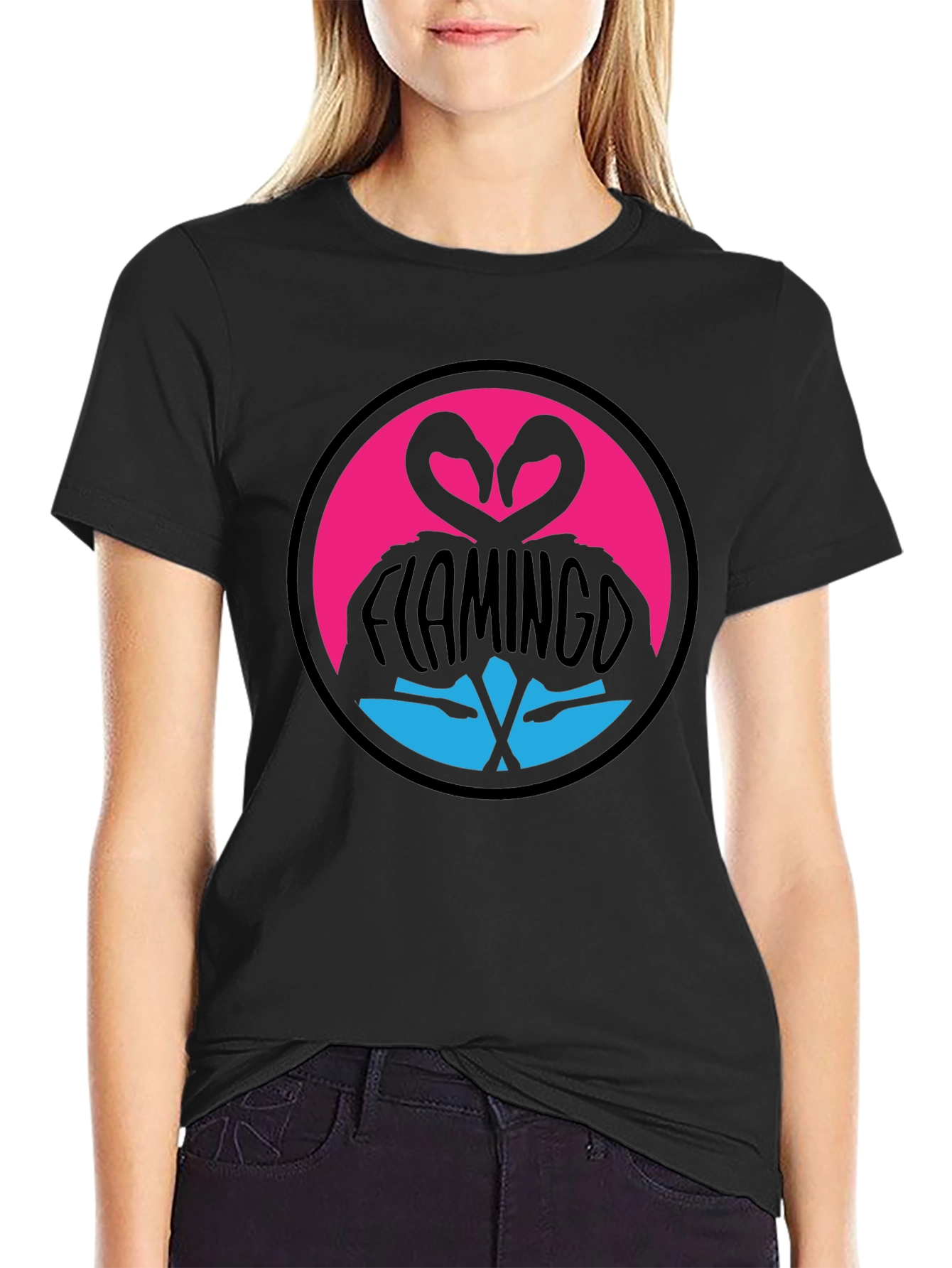 Flamingo Heart T-Shirt - Graphic Print Crew Neck Tee