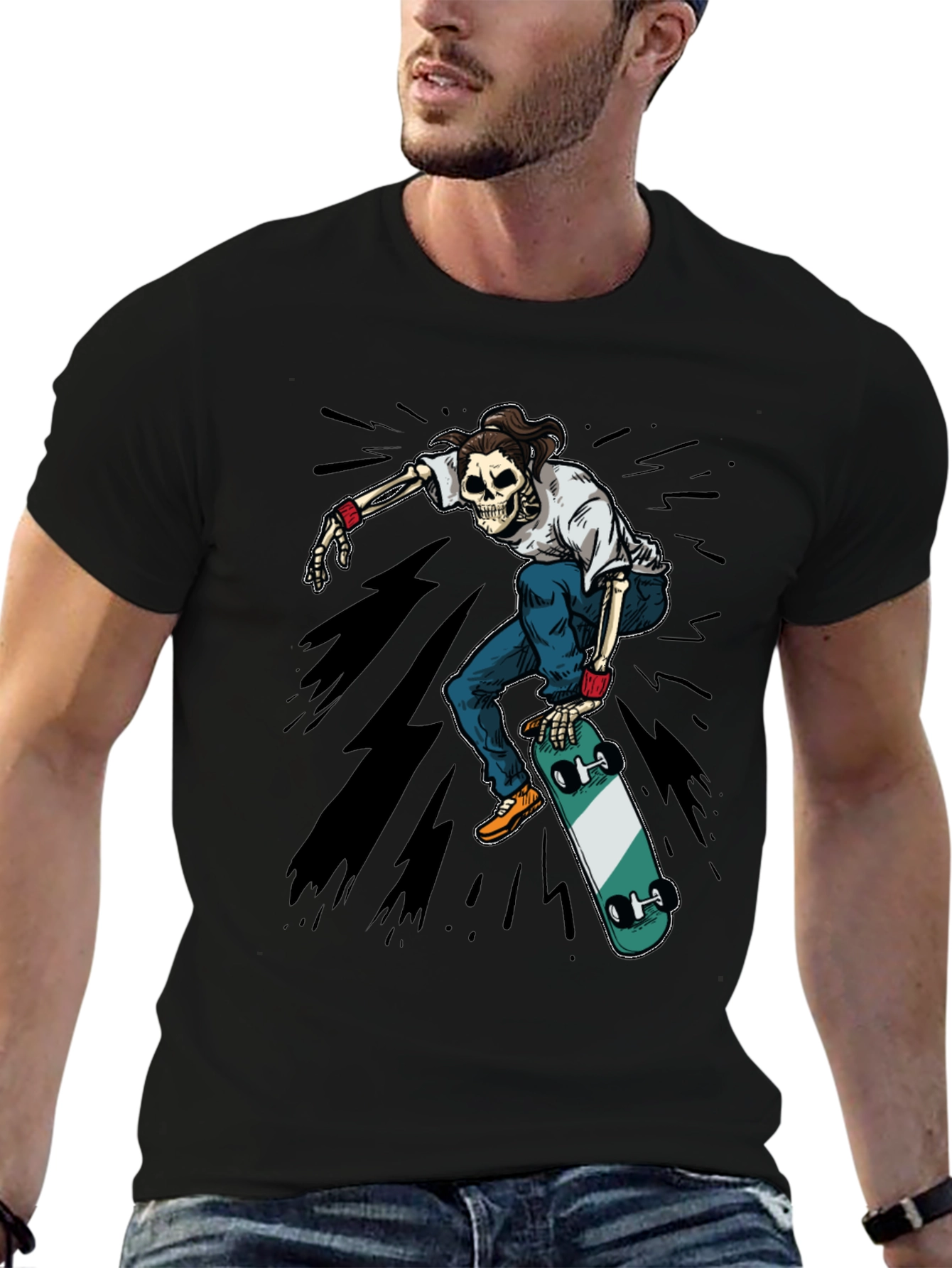Skateboarding Skeleton Graphic Tee - Black