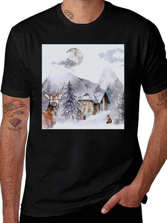 Winter Cabin Graphic Tee - Deer & Fox Design