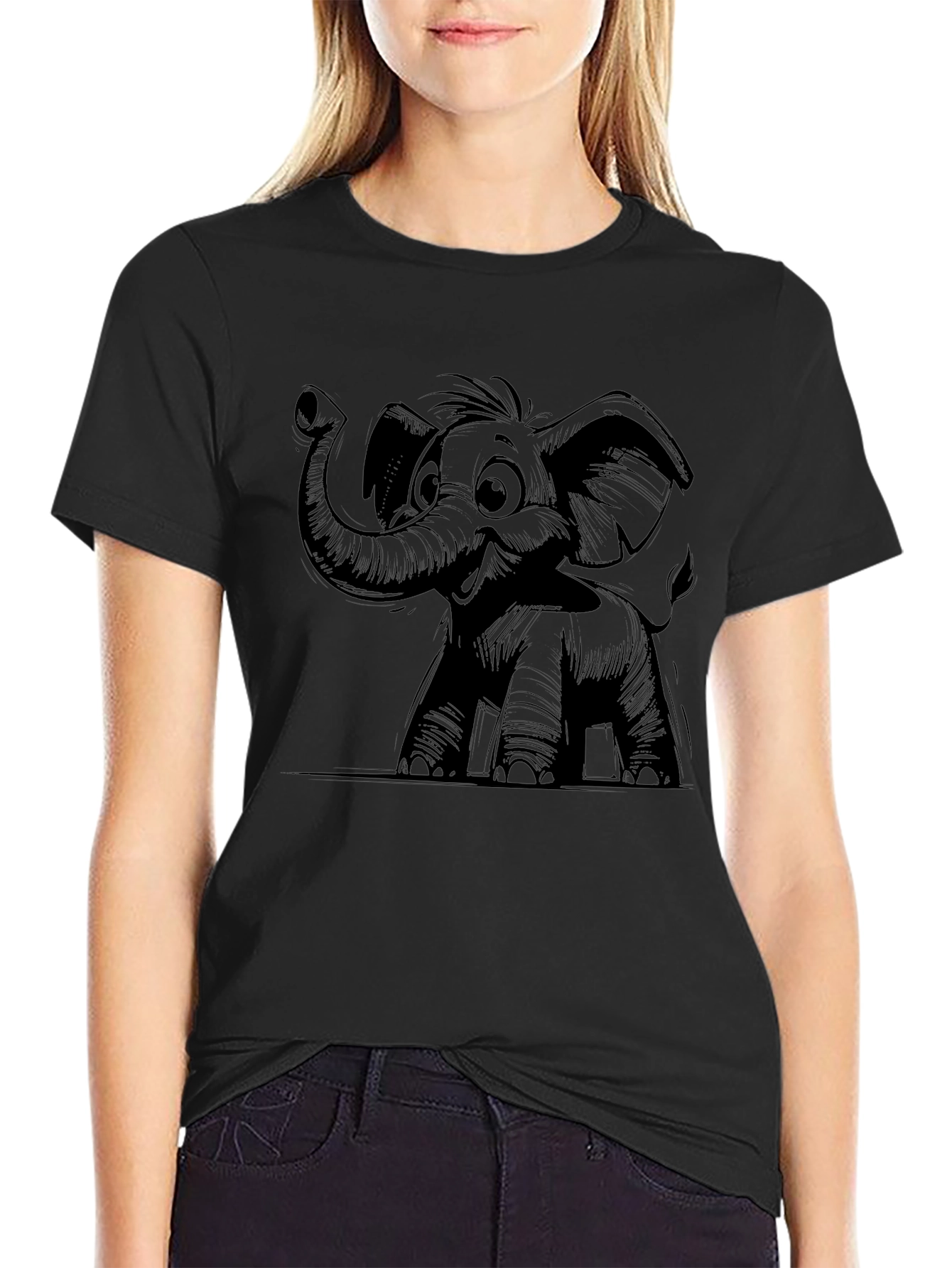 Cartoon Elephant Graphic T-Shirt - Black