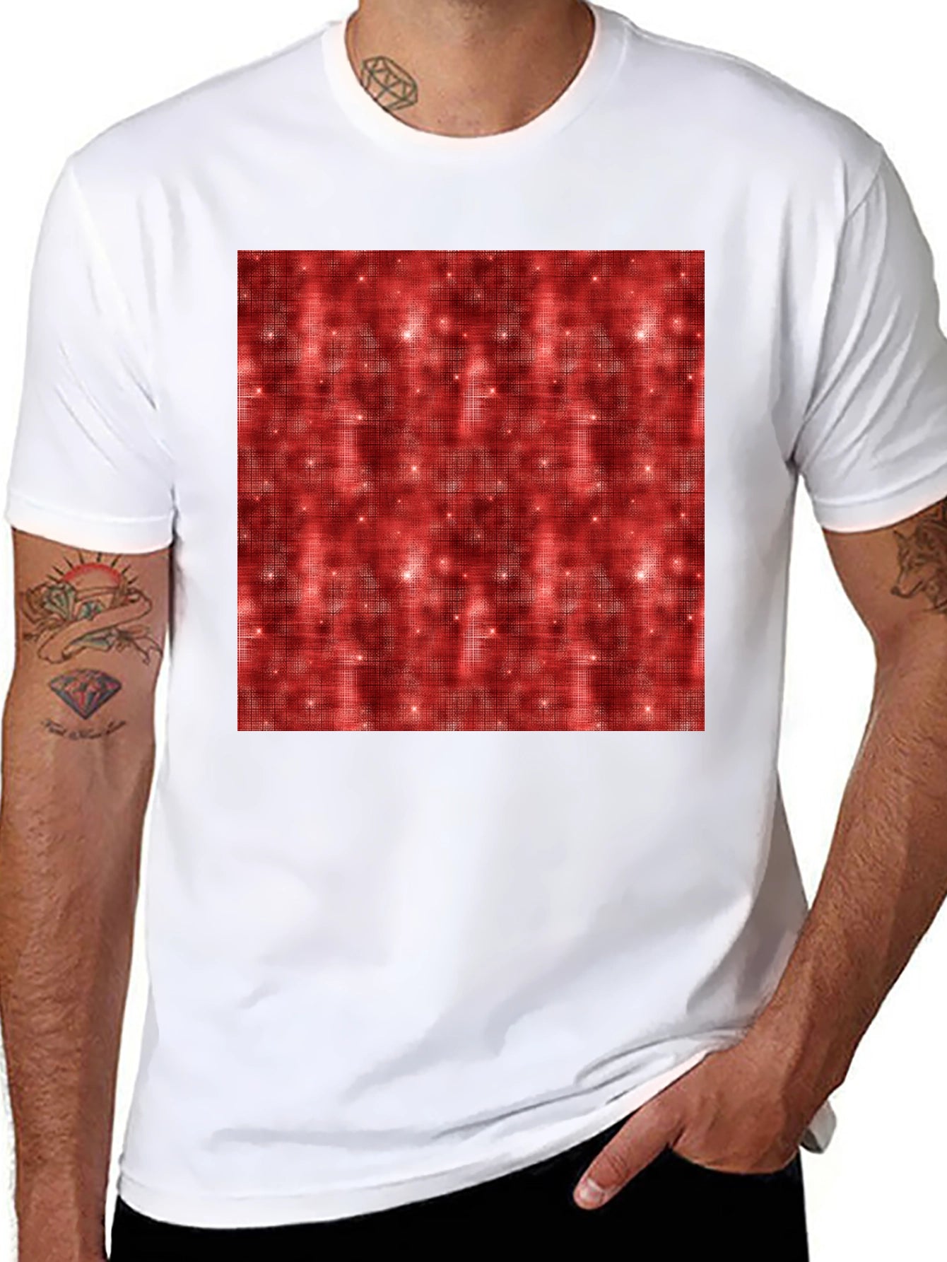 Patterned Red Sparkle Graphic Black T-Shirt