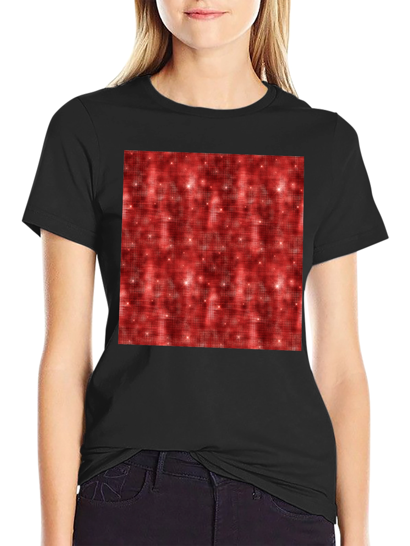 Patterned Red Sparkle Graphic Black T-Shirt
