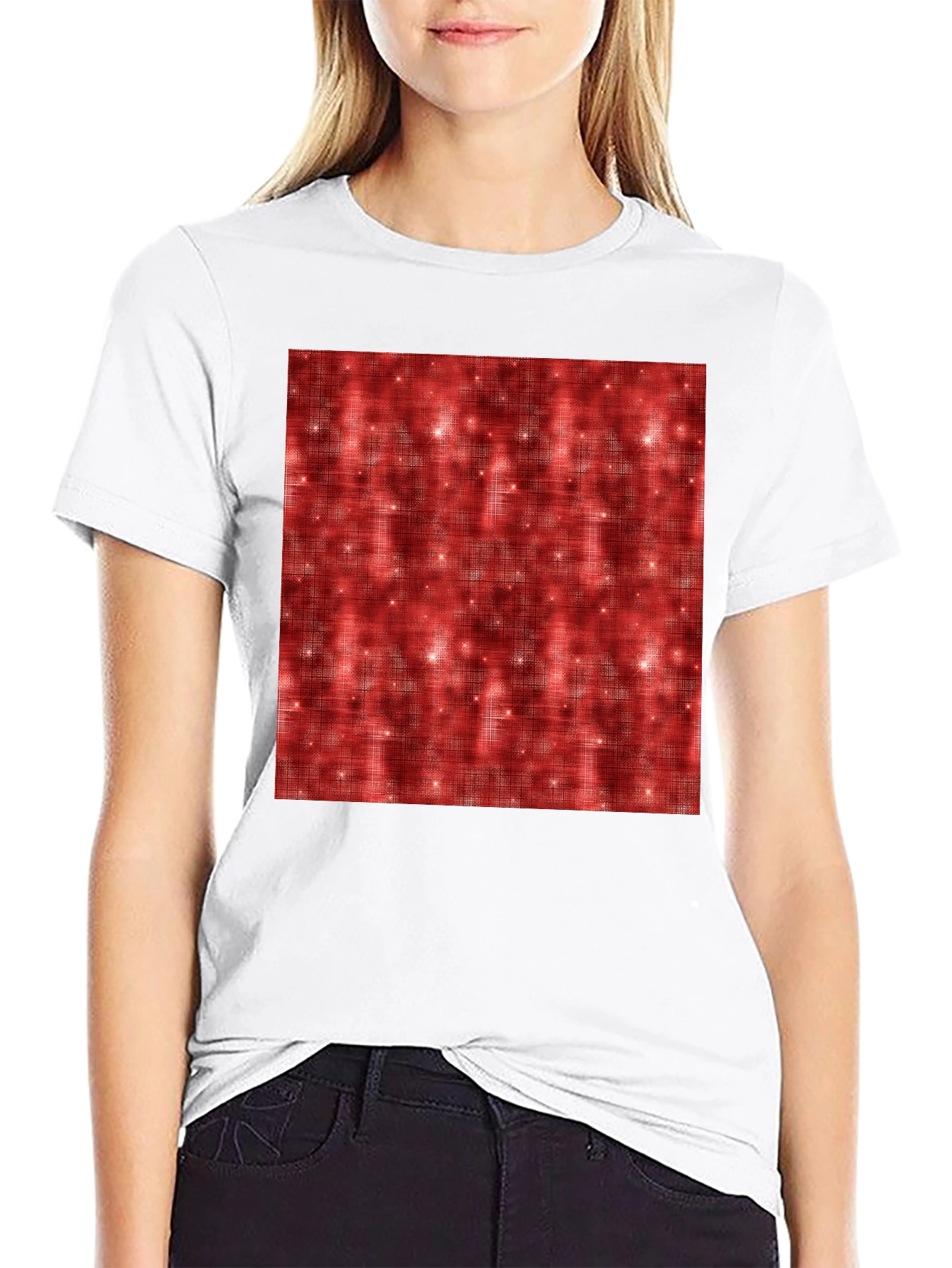 Patterned Red Sparkle Graphic Black T-Shirt