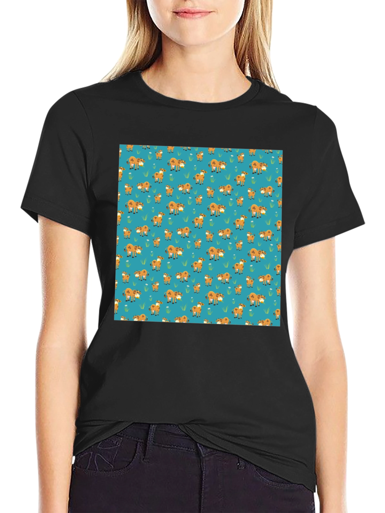 Fox Pattern Black Casual T-Shirt