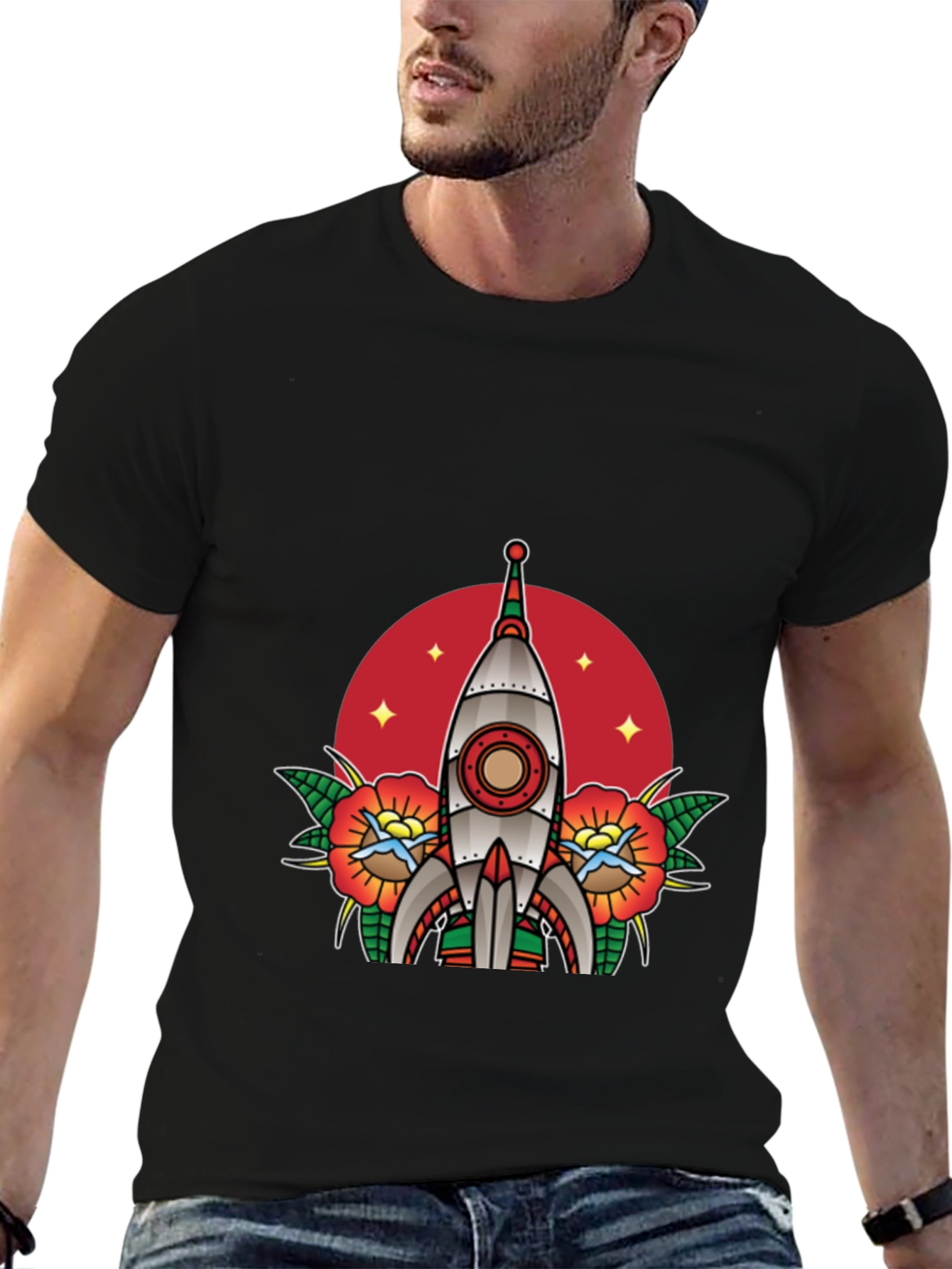 Retro Rocket Tattoo Style Graphic Tee - Black