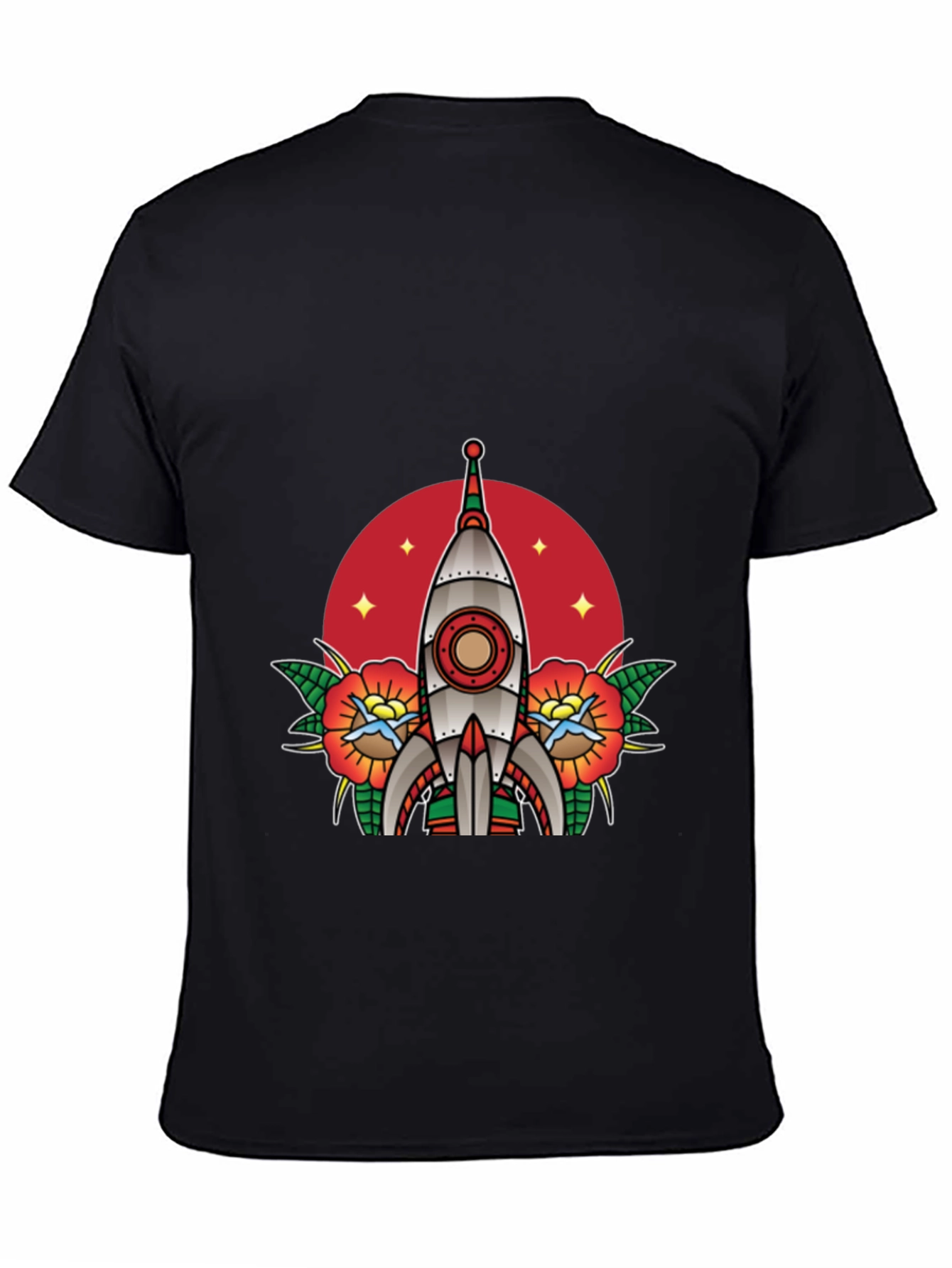 Retro Rocket Tattoo Style Graphic Tee - Black