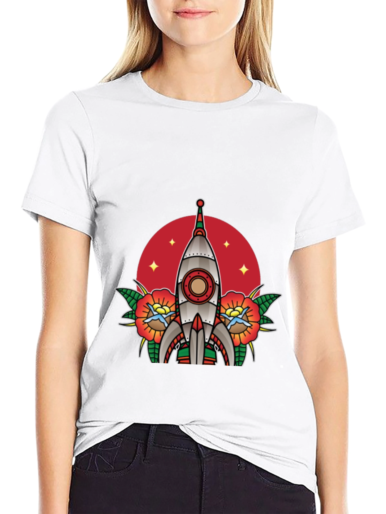 Retro Rocket Tattoo Style Graphic Tee - Black