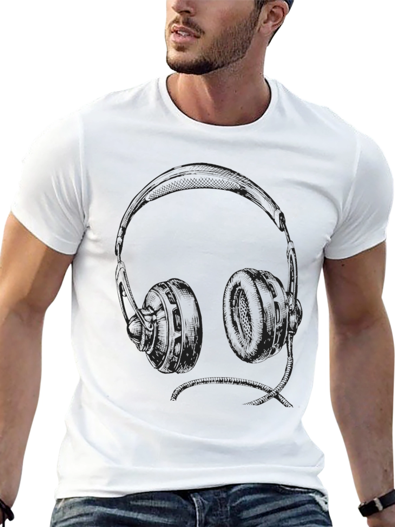 Headphone Graphic Tee - Black Cotton T-Shirt