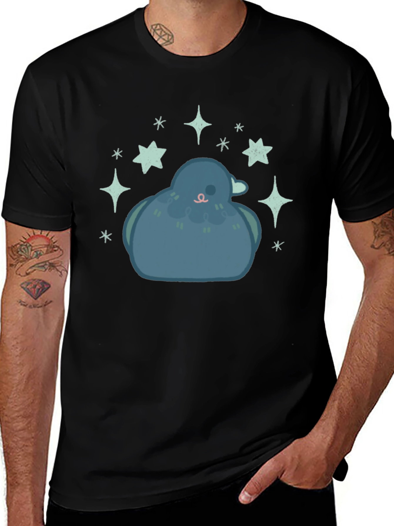 Pigeon Starry Tee - Cute Bird Graphic Black T-Shirt