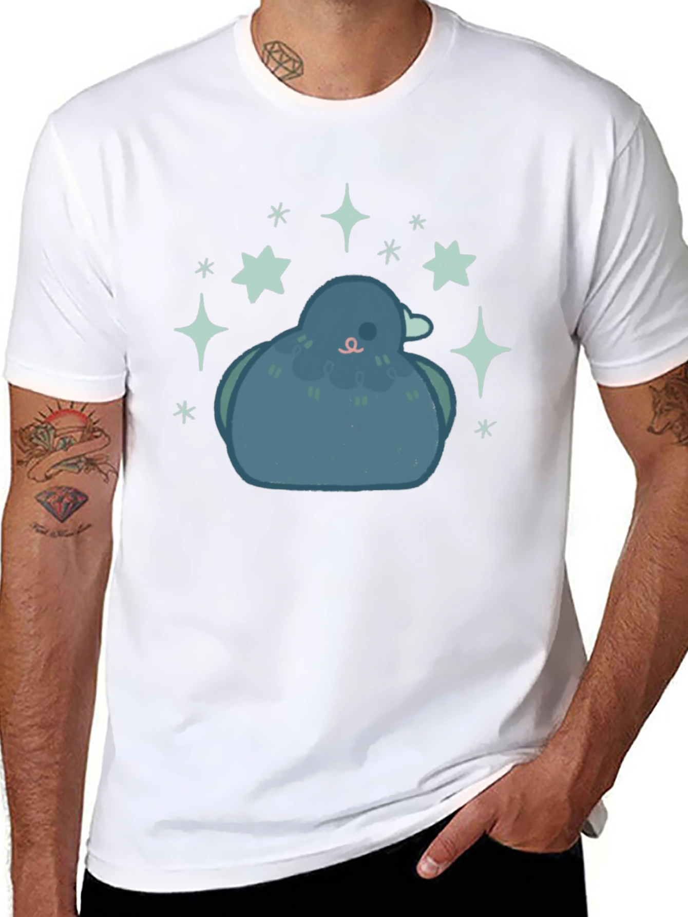 Pigeon Starry Tee - Cute Bird Graphic Black T-Shirt