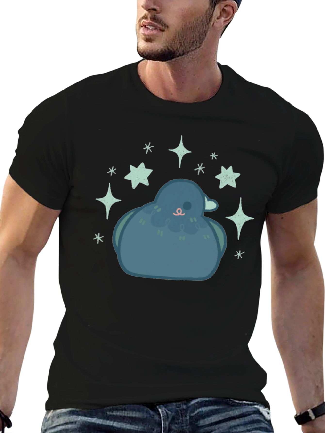 Pigeon Starry Tee - Cute Bird Graphic Black T-Shirt