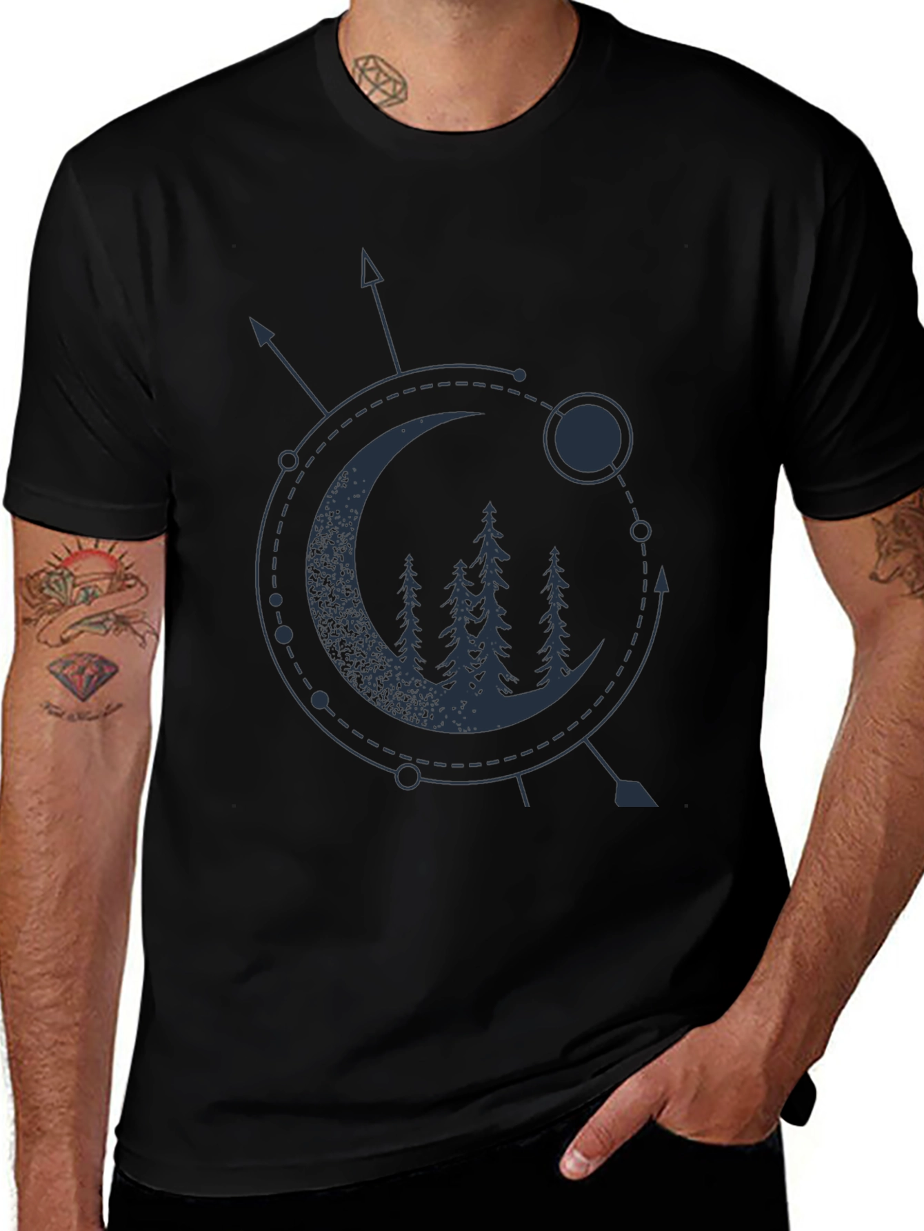 Geometric Moon & Trees Graphic Tee - Black
