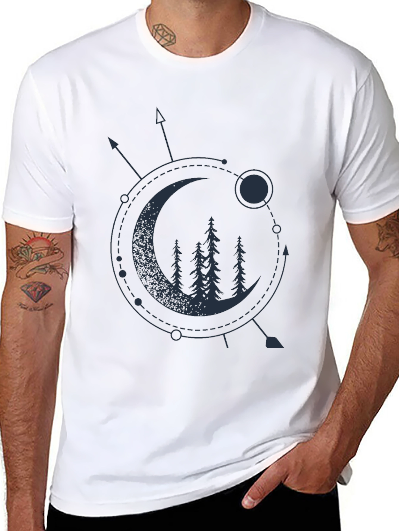 Geometric Moon & Trees Graphic Tee - Black