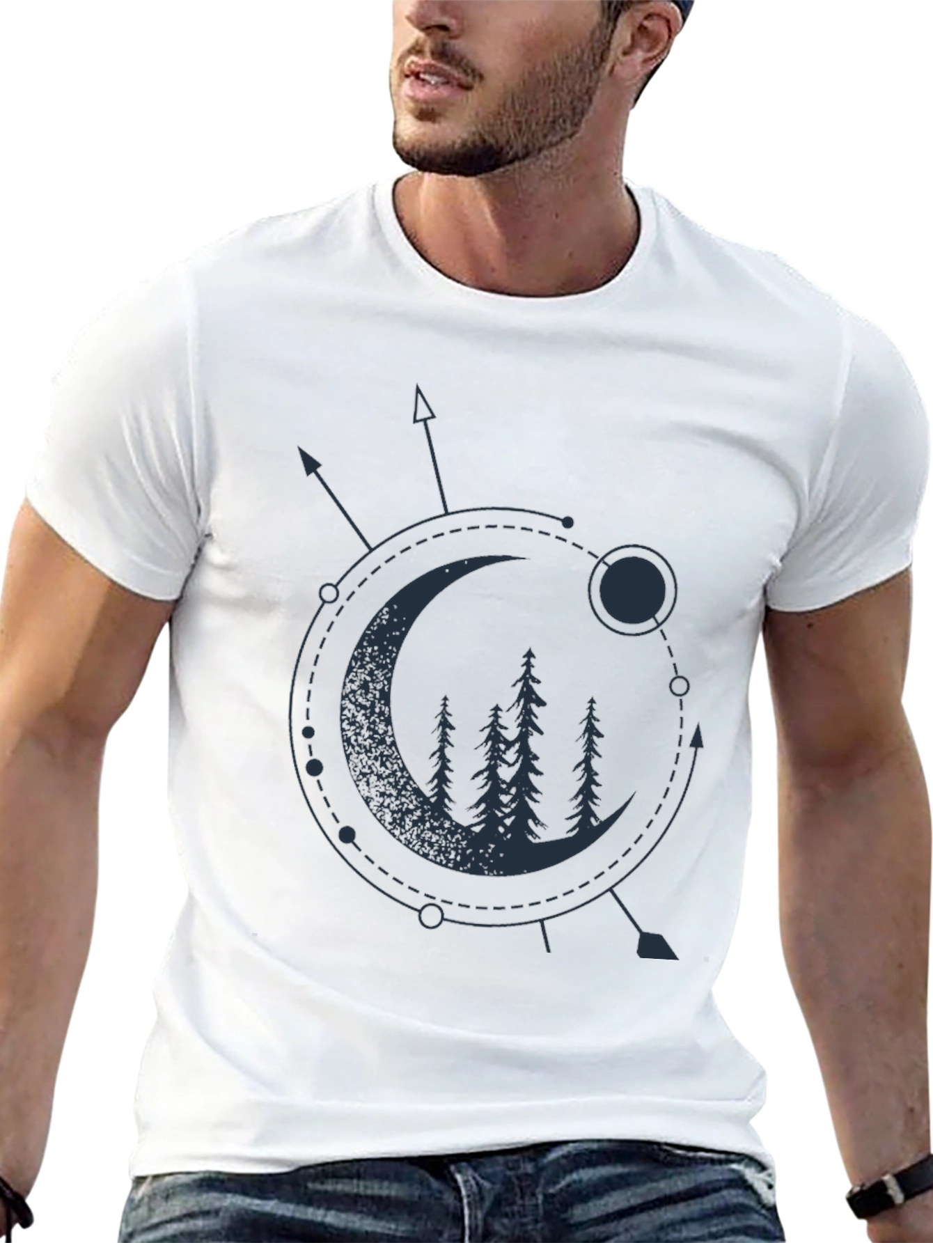 Geometric Moon & Trees Graphic Tee - Black