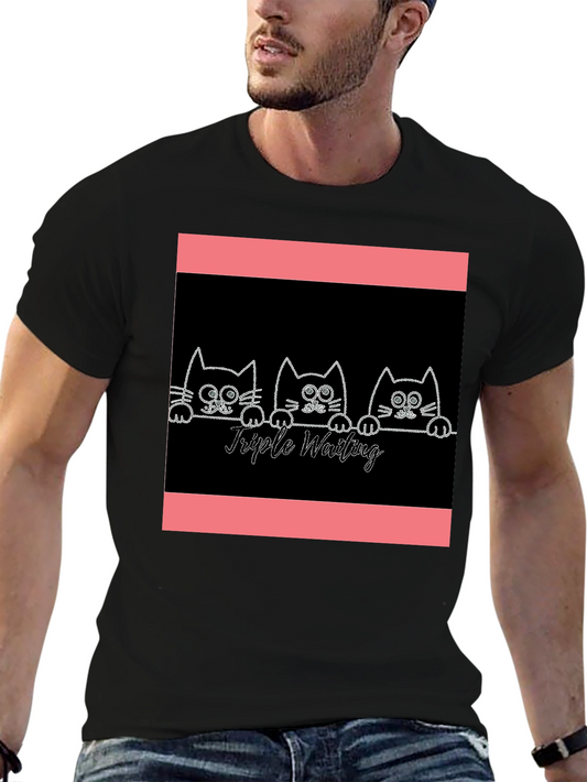 Triple Waiting Cats Graphic Tee - Soft Black Cotton T-Shirt