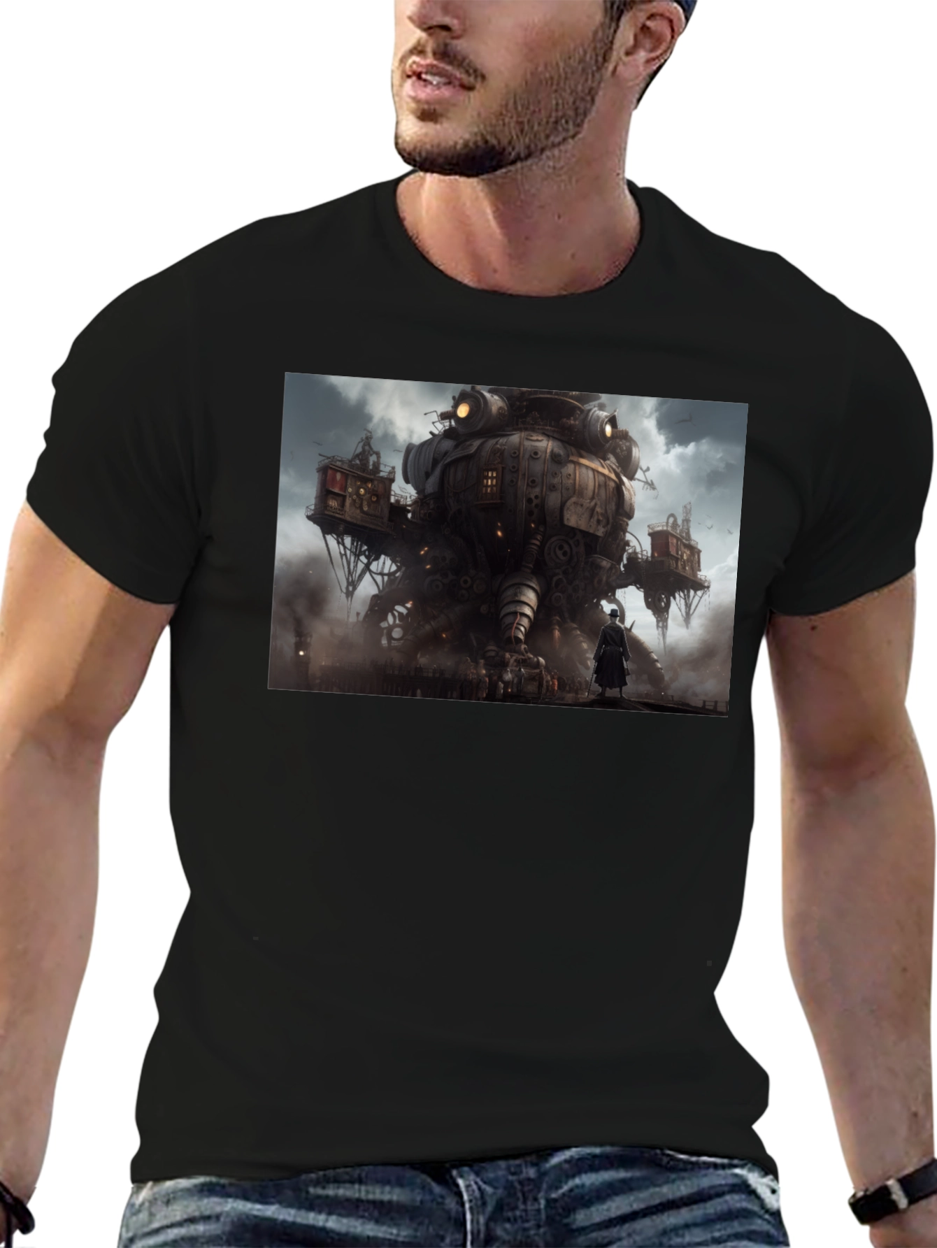 Steampunk Cityscape Graphic Tee - Bold Black Cotton Shirt