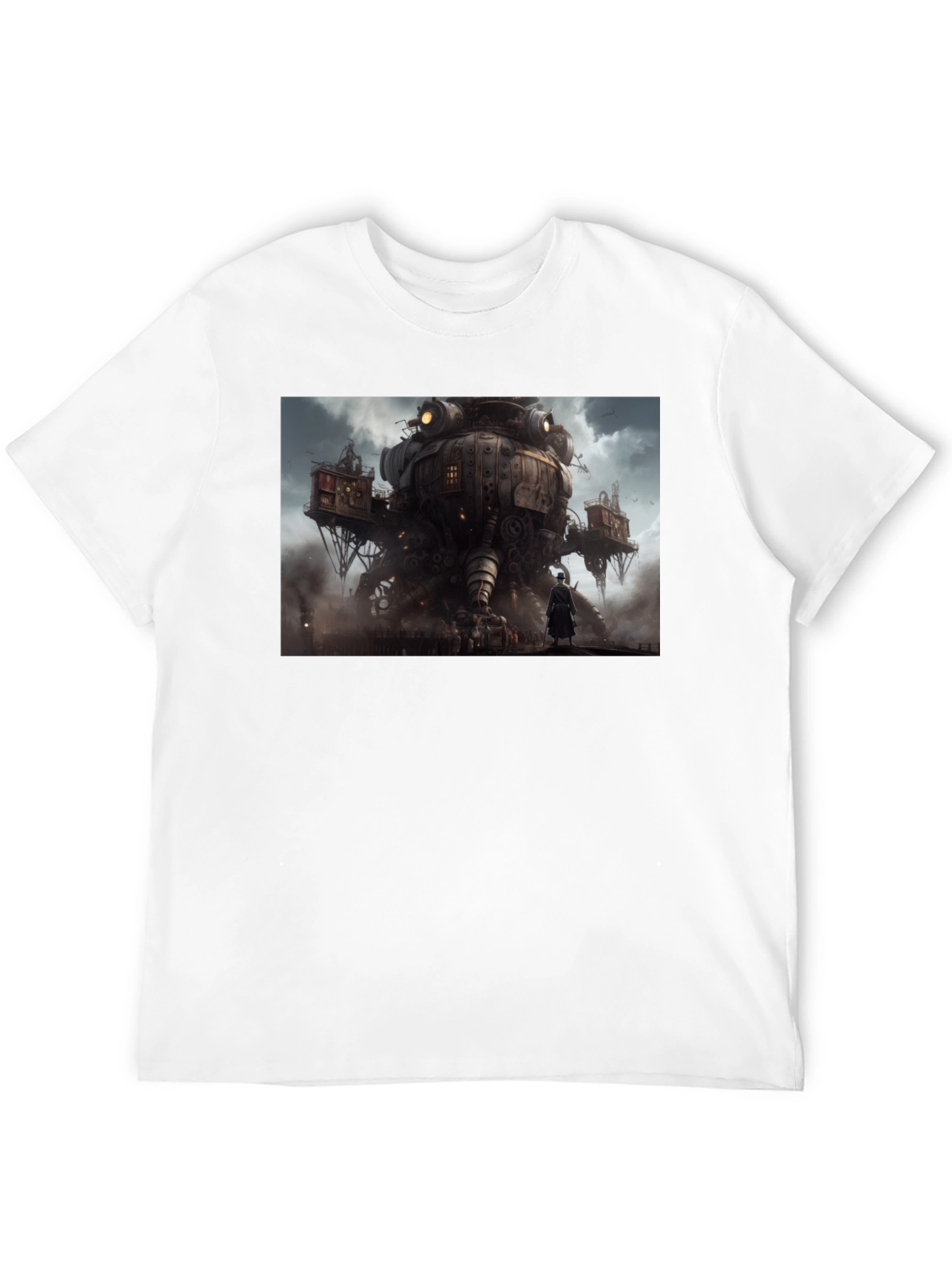 Steampunk Cityscape Graphic Tee - Bold Black Cotton Shirt