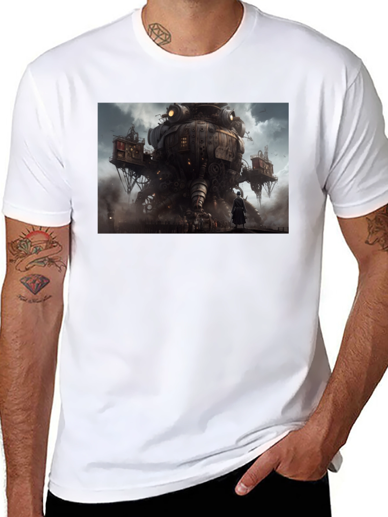 Steampunk Cityscape Graphic Tee - Bold Black Cotton Shirt