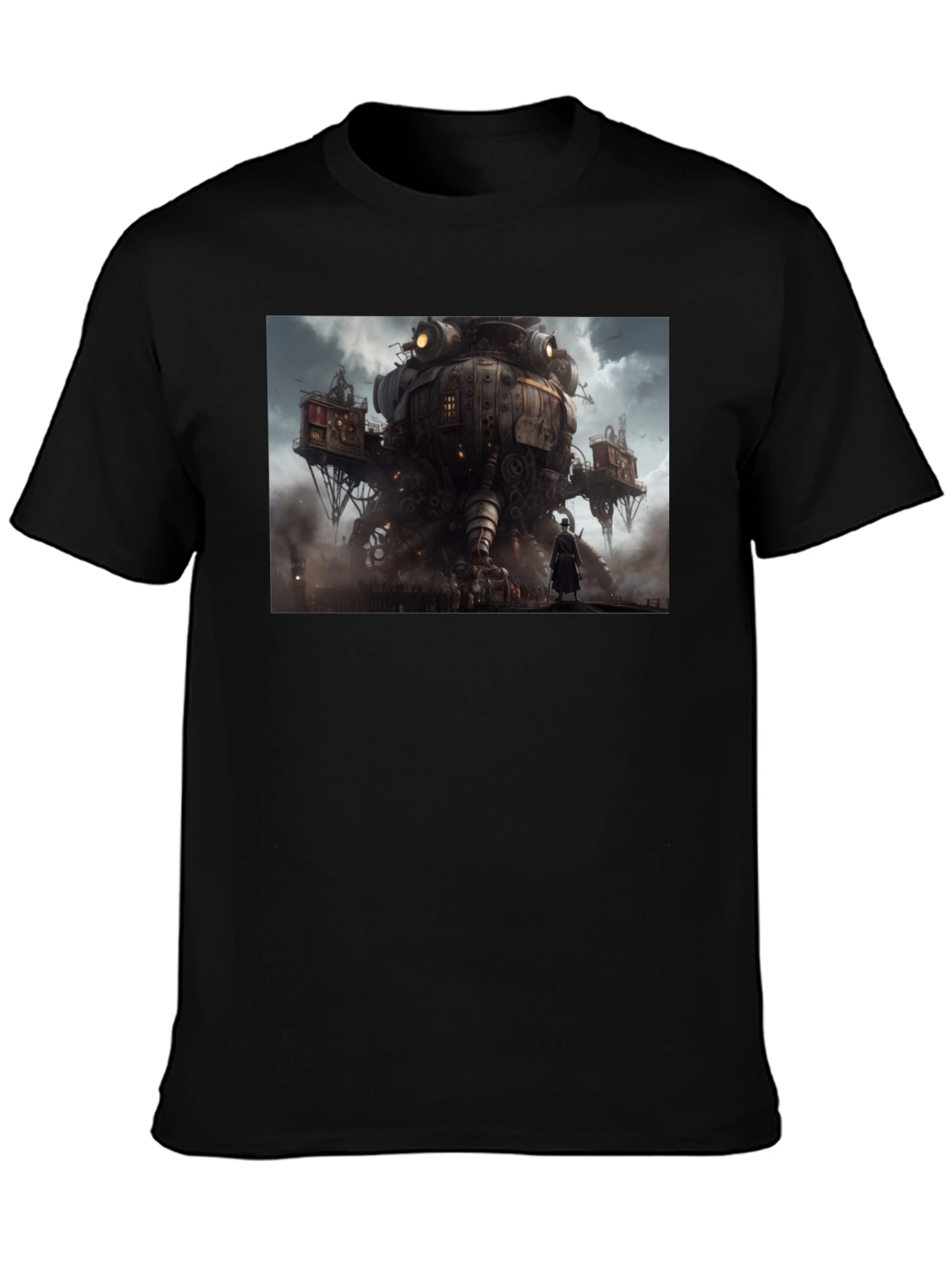 Steampunk Cityscape Graphic Tee - Bold Black Cotton Shirt