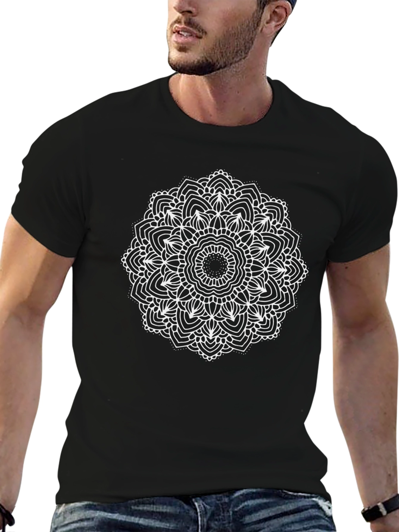 Mens Black T-Shirt with White Mandala Design