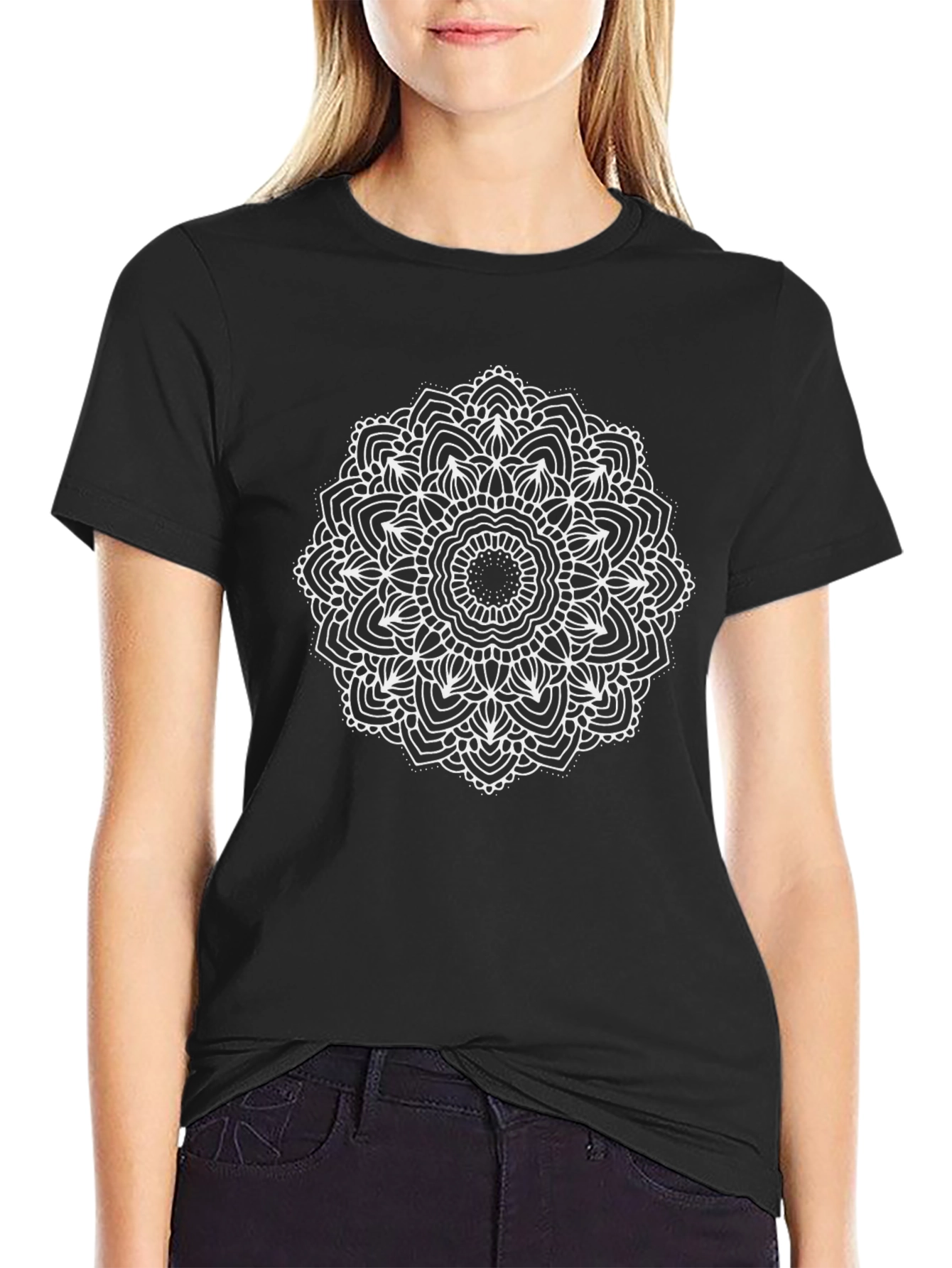 Mens Black T-Shirt with White Mandala Design