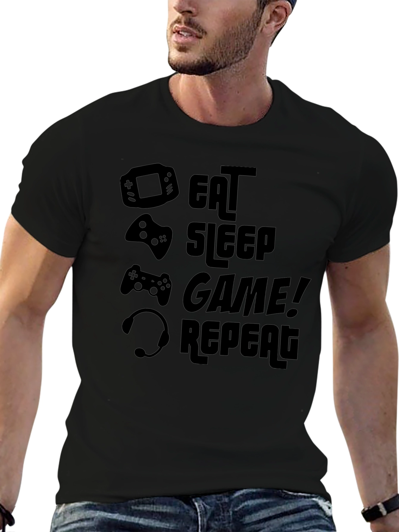 Eat Sleep Game Repeat Black Graphic T-Shirt