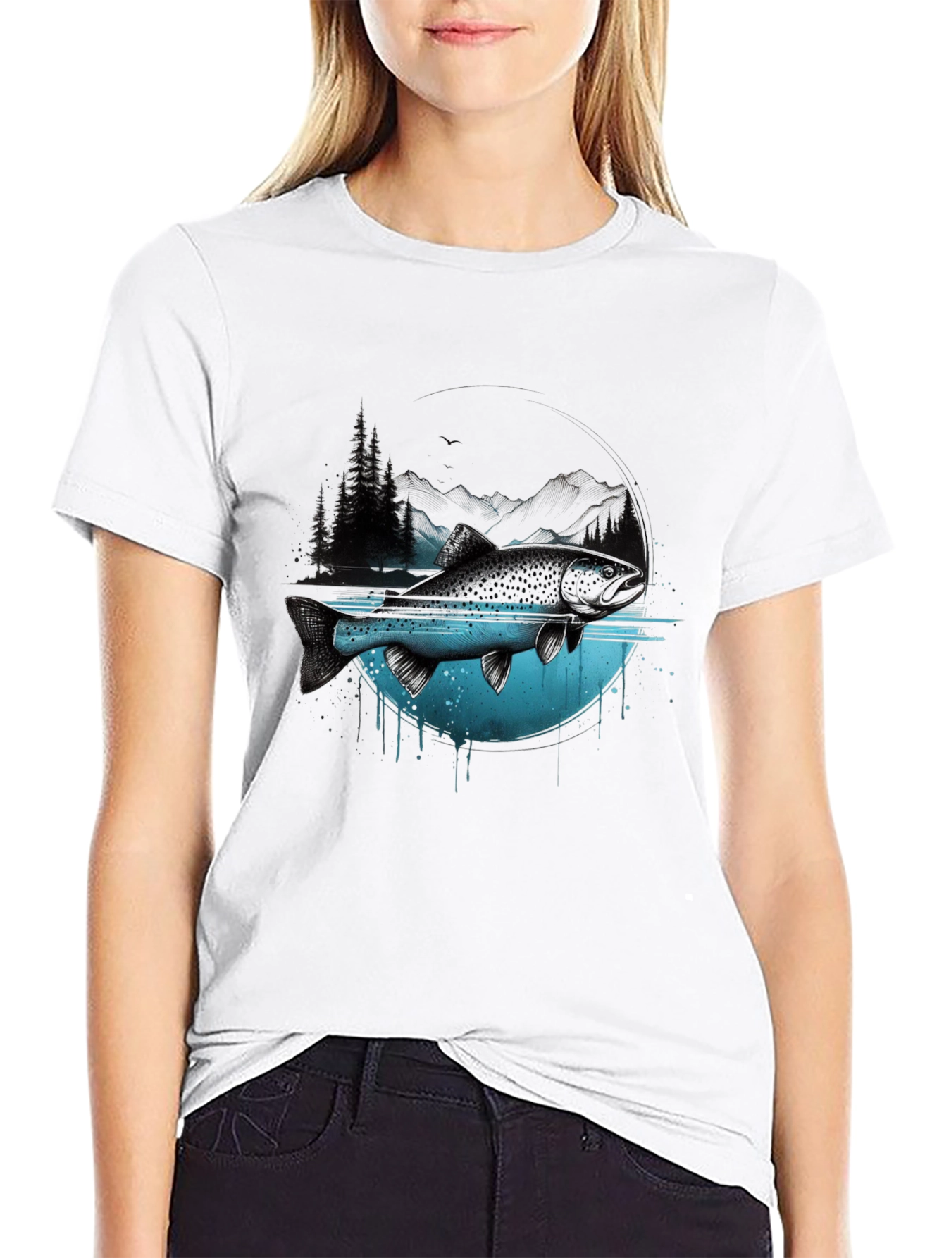 Nature Fish Graphic Print Crew Neck T-Shirt