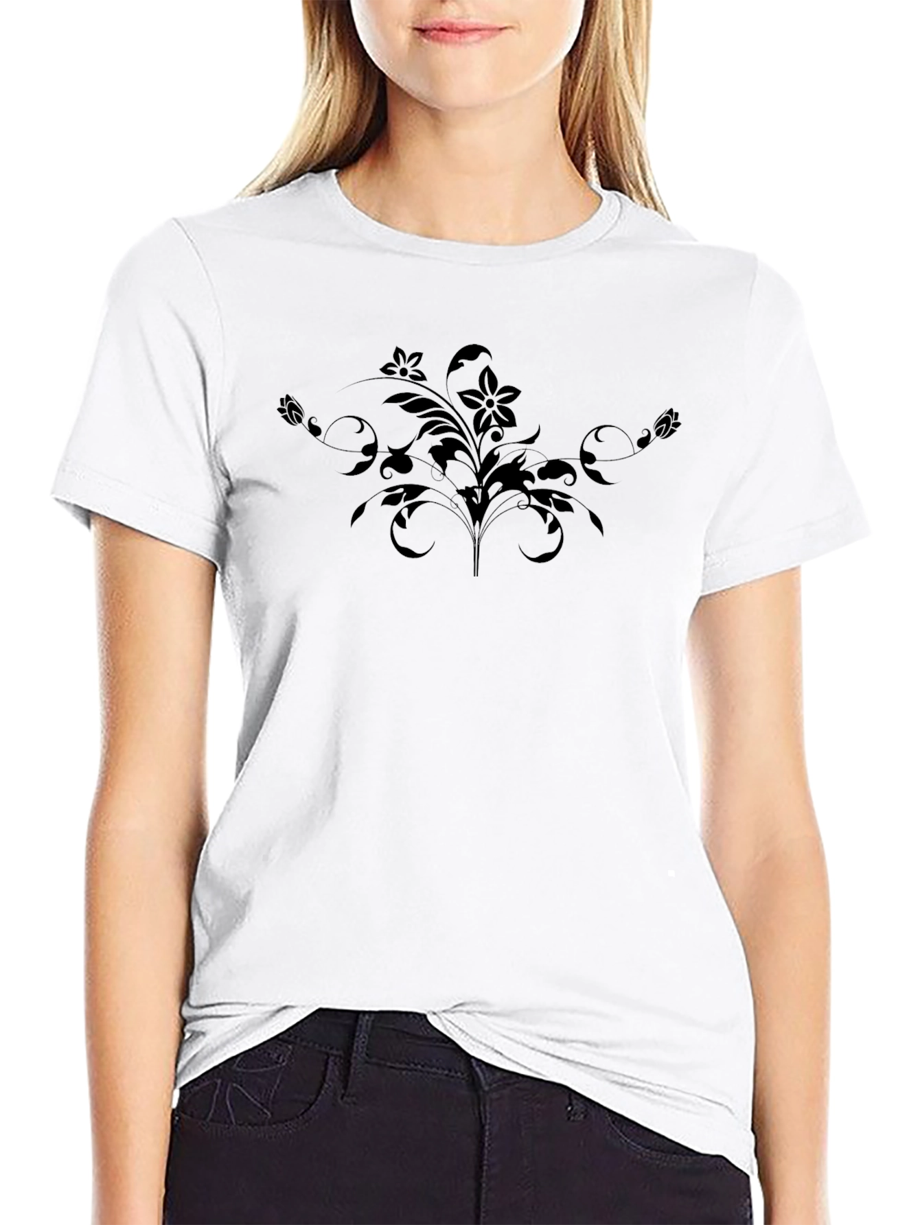 Floral Graphic Print Crew Neck Tee - Black