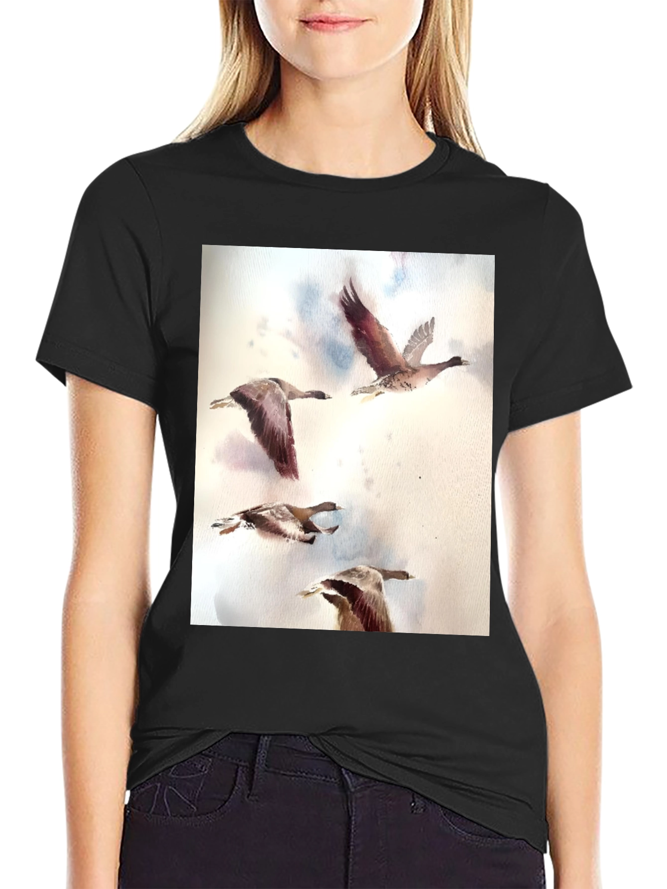 Watercolor Ducks Black T-Shirt