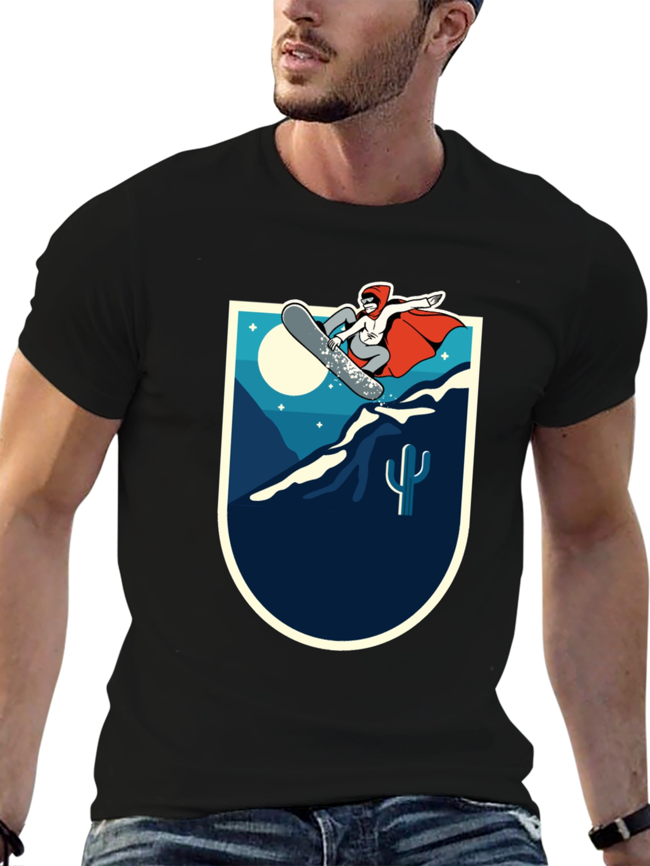 Snowboarder Desert Scene Graphic Tee - Black Cotton Blend