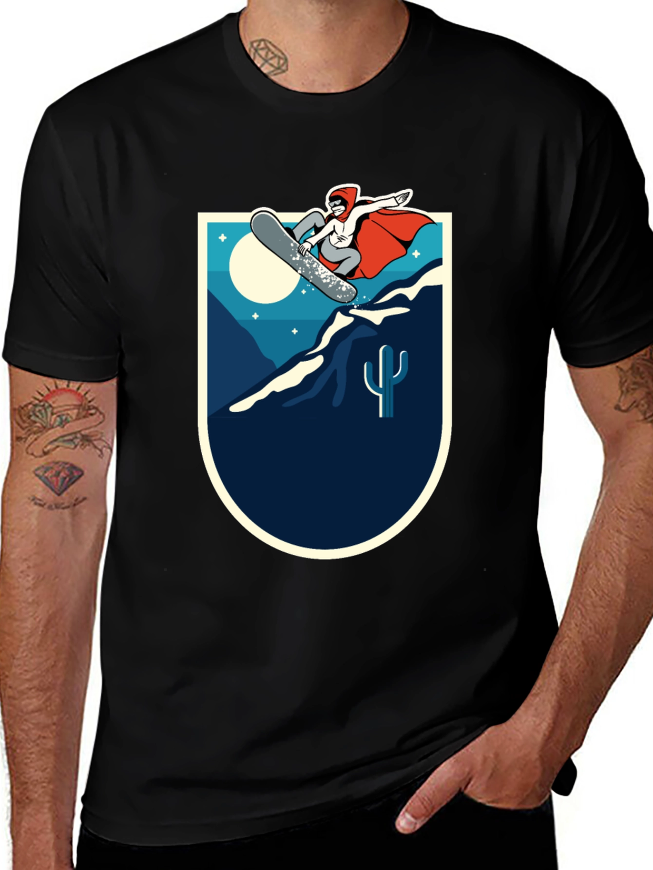Snowboarder Desert Scene Graphic Tee - Black Cotton Blend
