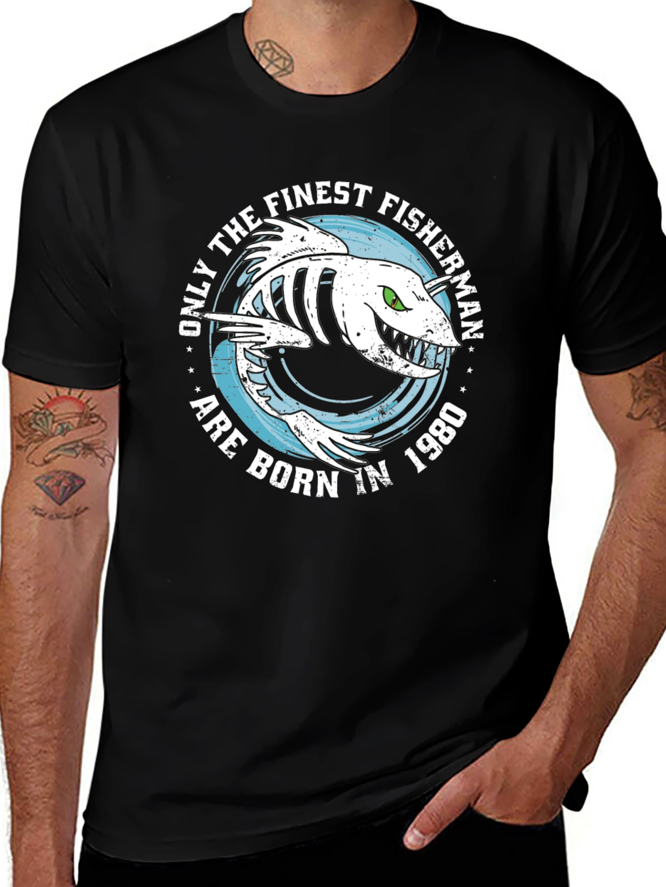 Finest Fisherman Born in 1980 Black T-Shirt