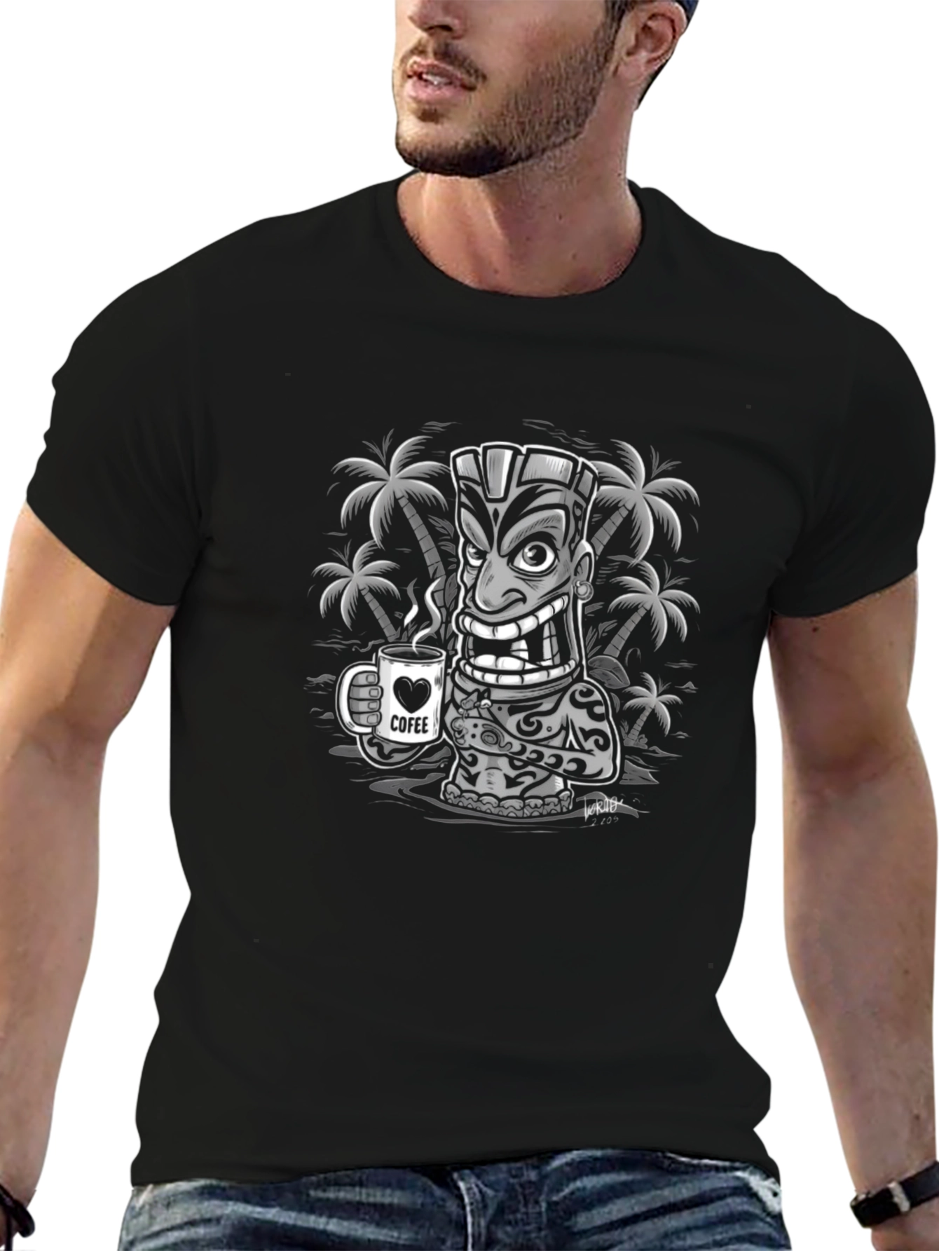 Tiki Coffee Lover Graphic Tee - Tropical Island Style