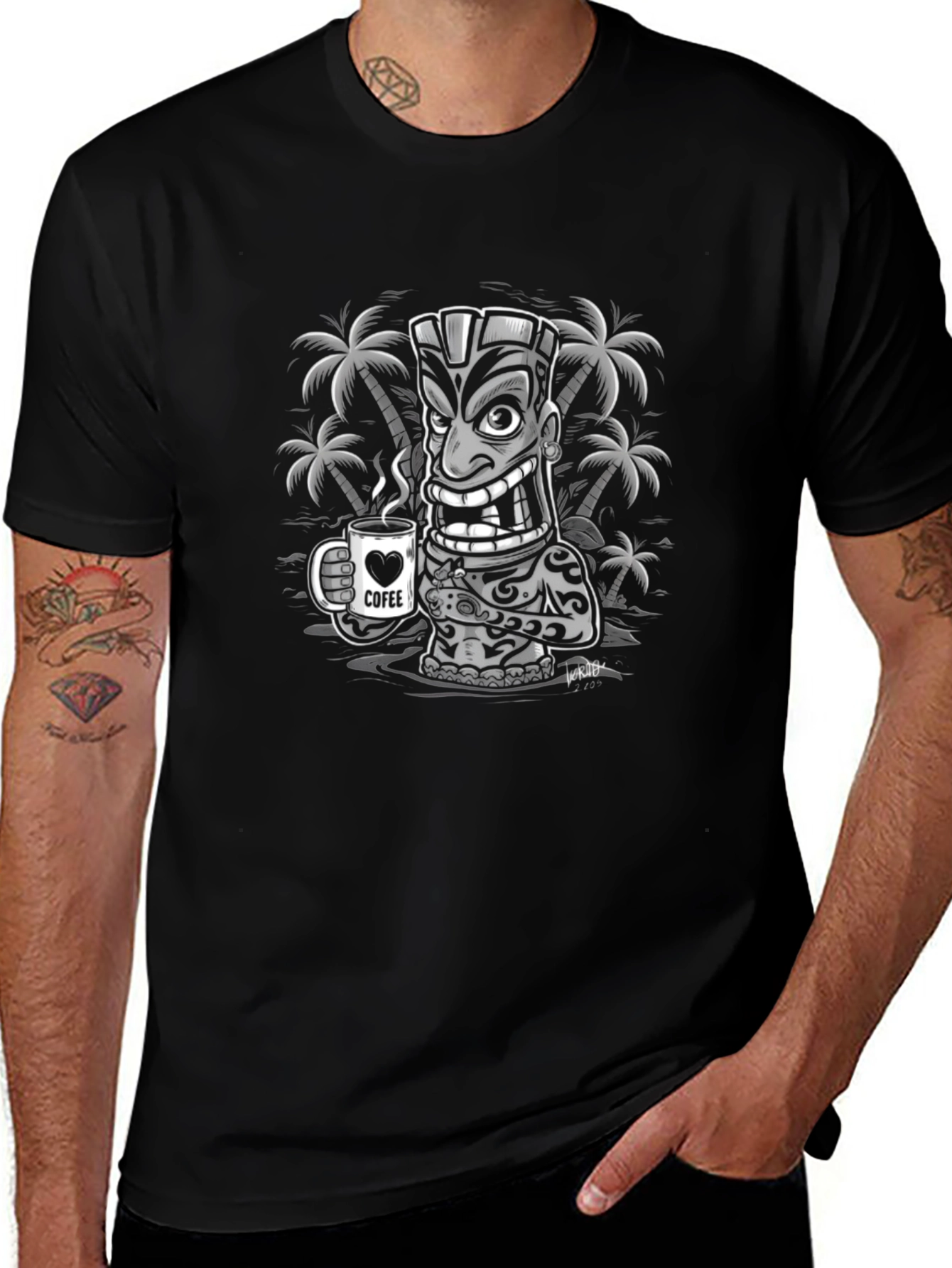 Tiki Coffee Lover Graphic Tee - Tropical Island Style