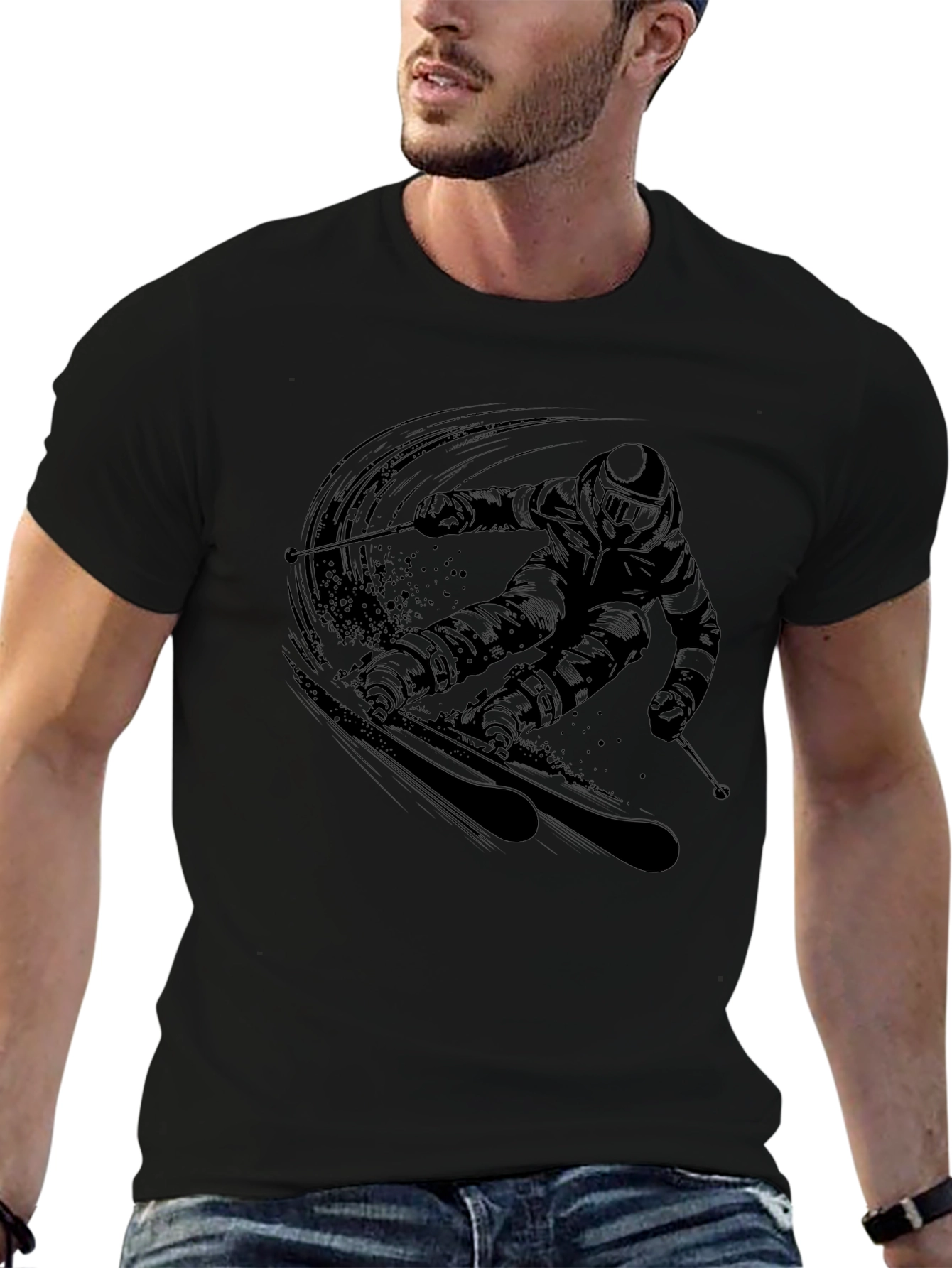 Mens Black Skiing Graphic Tee