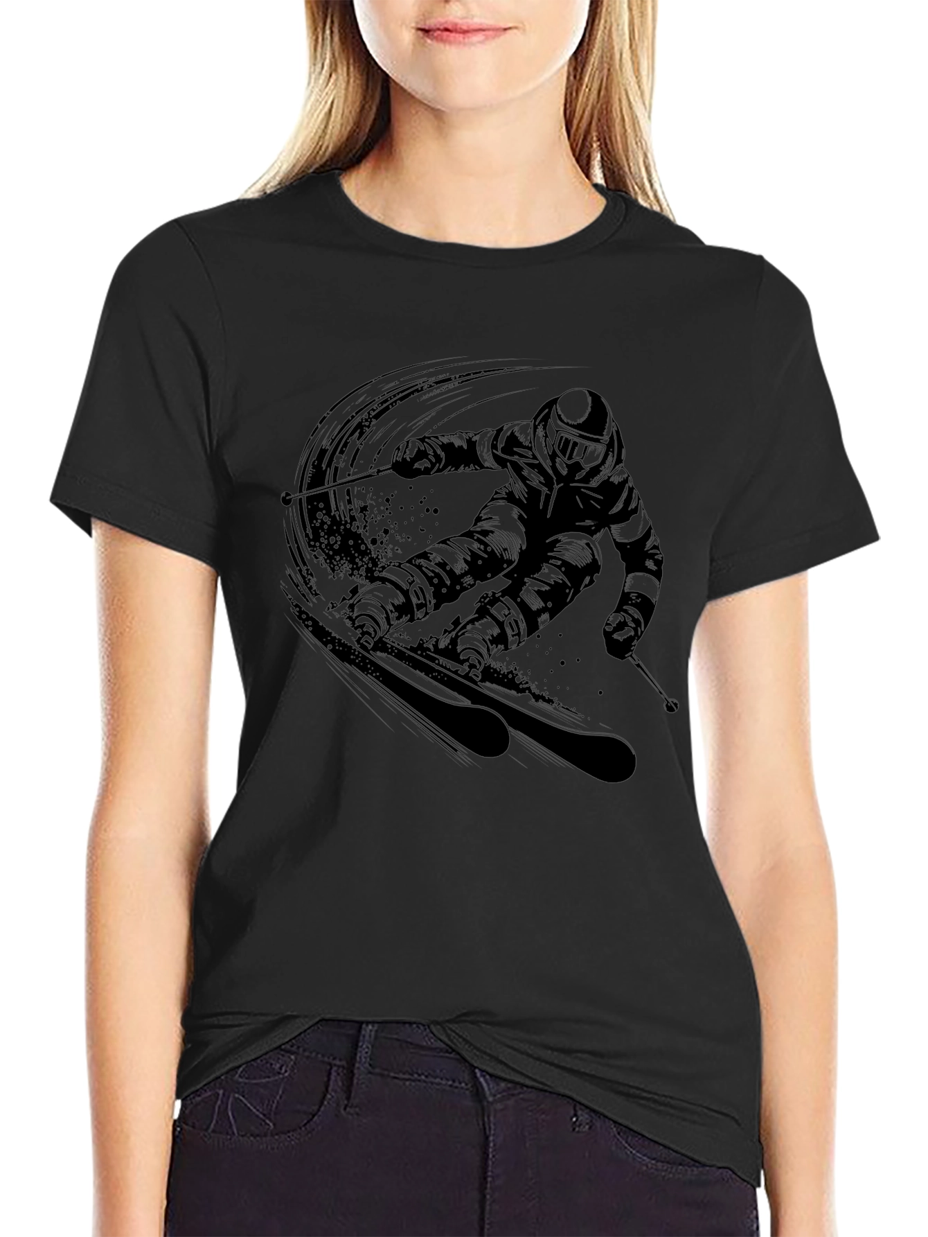 Mens Black Skiing Graphic Tee