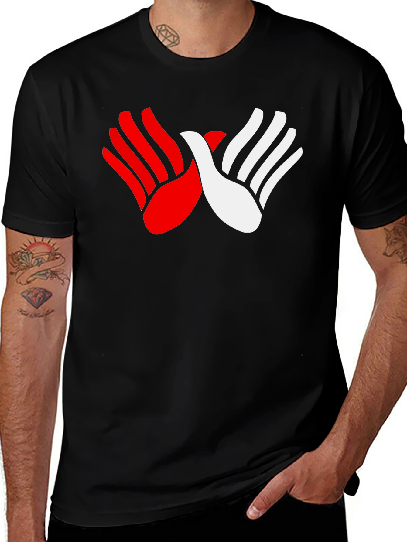 Red & White Hands Graphic Black T-Shirt