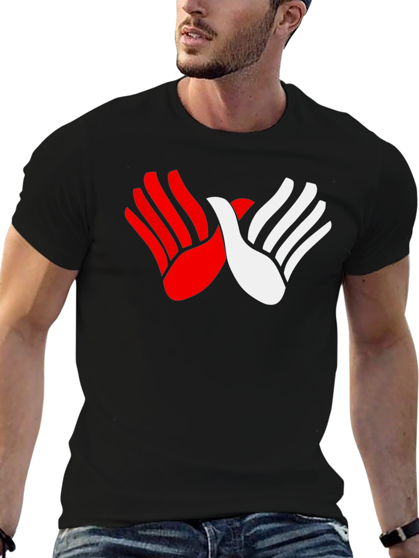 Red & White Hands Graphic Black T-Shirt