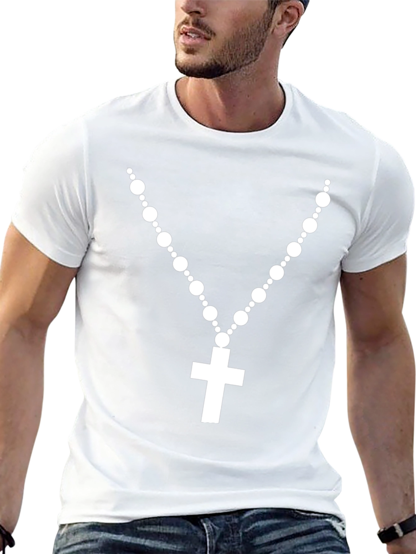 Rosary Cross Graphic T-Shirt - Black Crew Neck Tee
