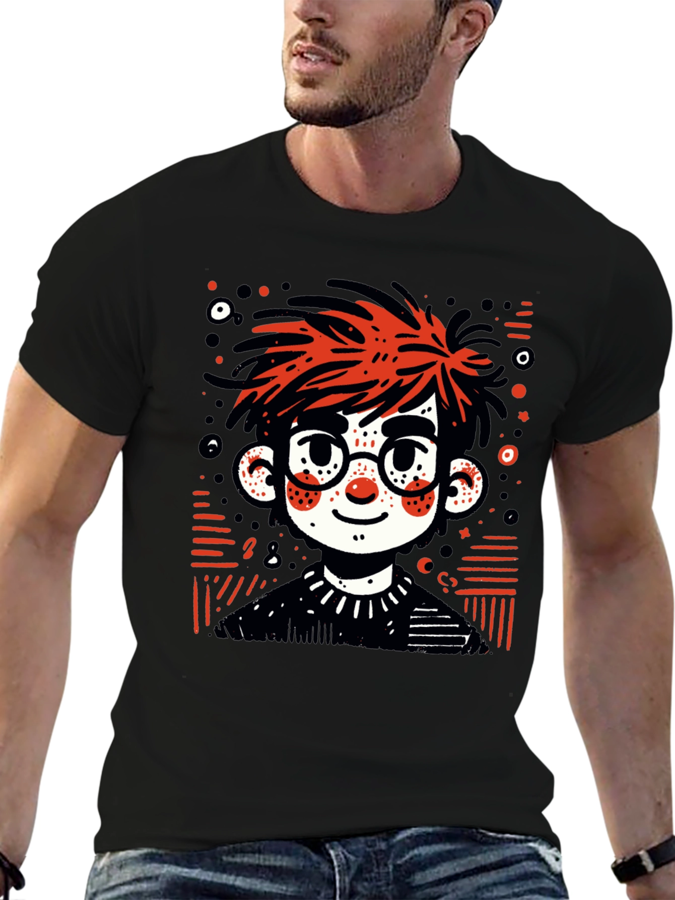 Cartoon Boy Graphic Tee - Black T-Shirt